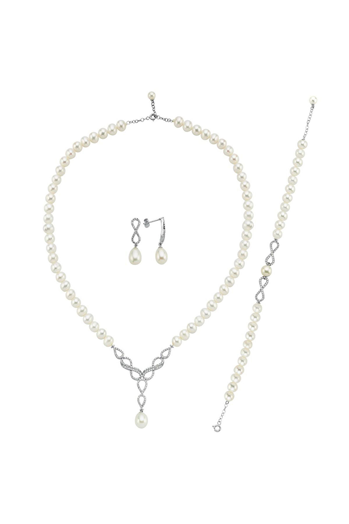 14 Ayar Altın 8 mm Sonsuzluk Taşlı Doğal İnci Küpe Kolye Bileklik Üçlü Set