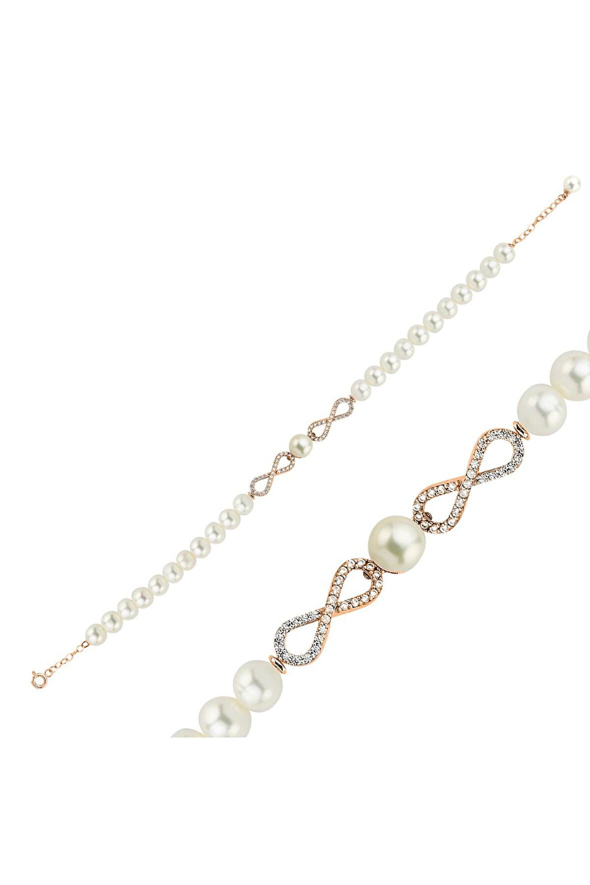 14 Ayar Altın 7 mm Sonsuzluk Taşlı Doğal İnci Bileklik