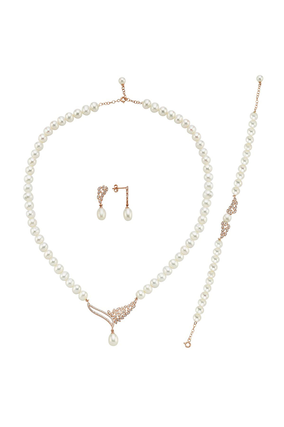 14 Ayar Altın 8 mm Yaprak Taşlı Doğal İnci Küpe Kolye Bileklik Üçlü Set