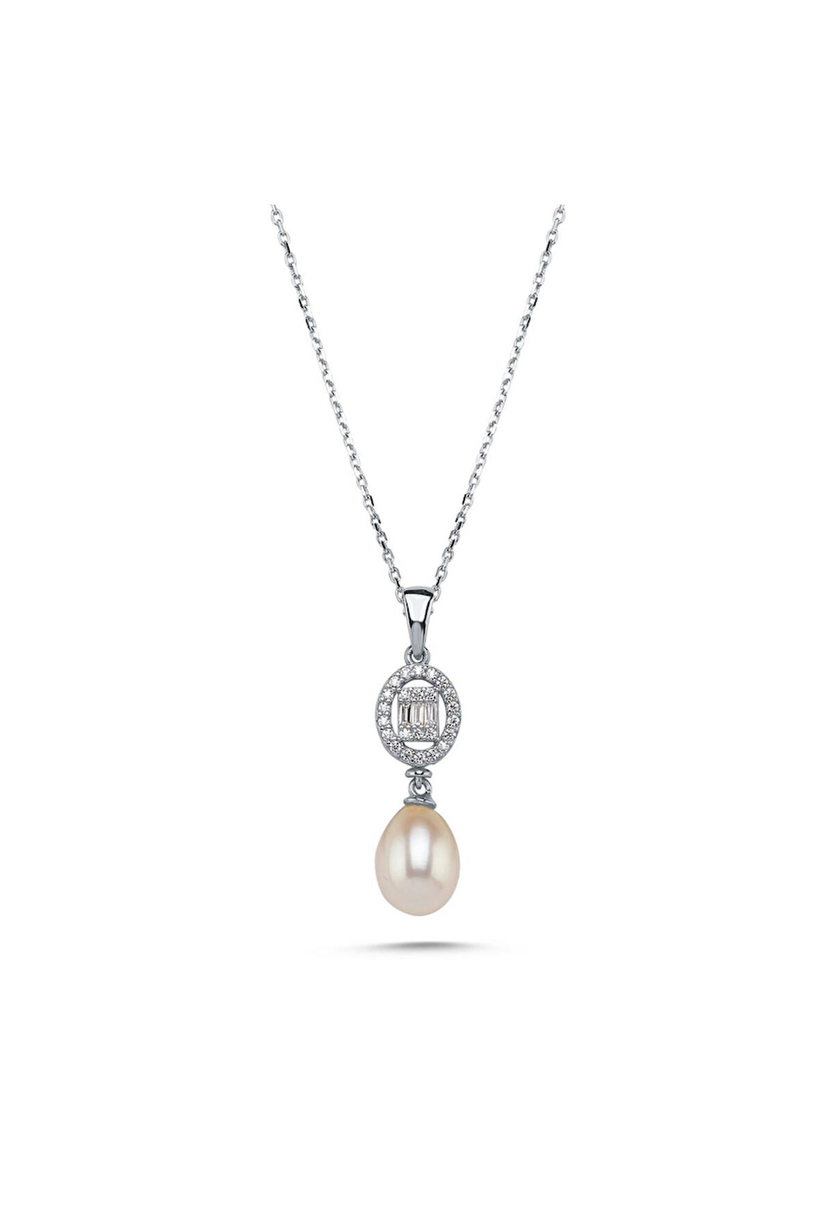 14 Ayar Altın 8 mm Oval Baget Taşlı Doğal İnci Sallatı Kolye