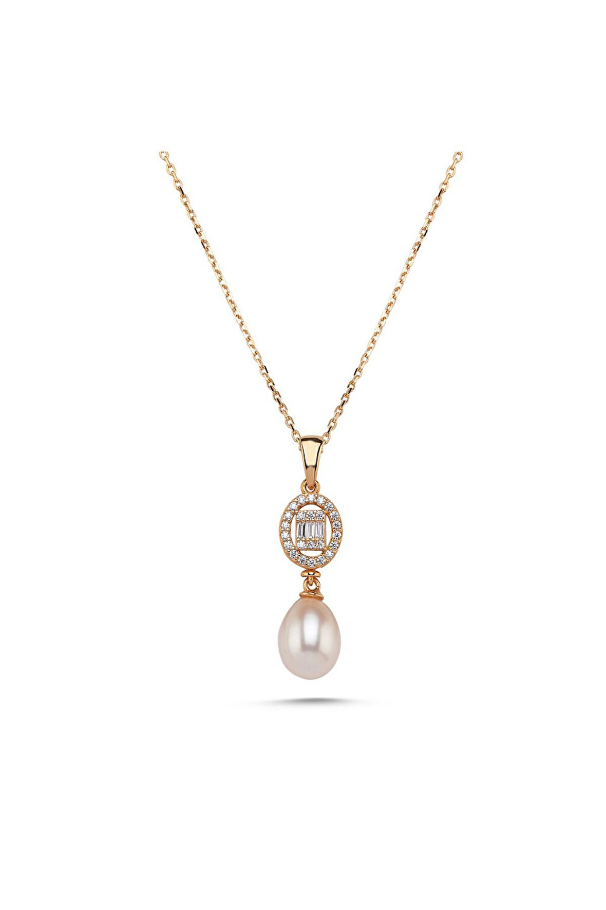 14 Ayar Altın 8 mm Oval Baget Taşlı Doğal İnci Sallatı Kolye