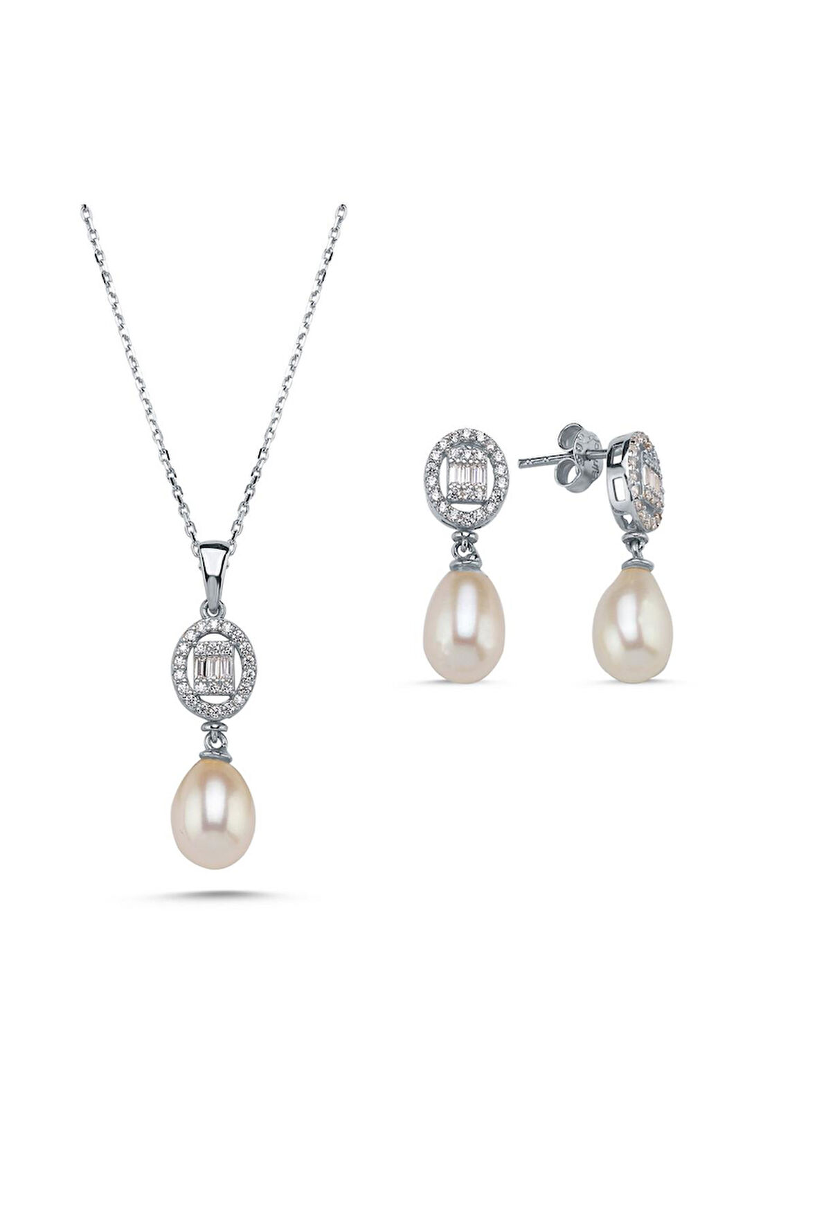 14 Ayar Altın 8 mm Oval Baget Taşlı Doğal İnci Sallantı Küpe Kolye İkili Set