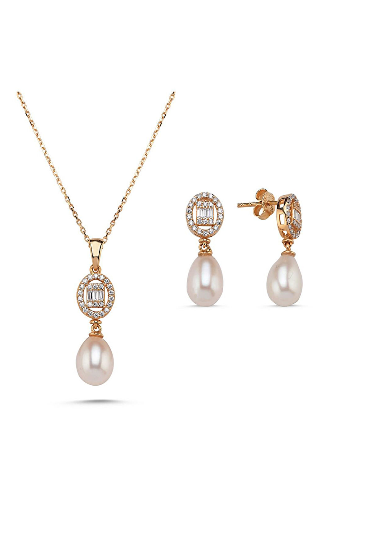 14 Ayar Altın 8 mm Oval Baget Taşlı Doğal İnci Sallantı Küpe Kolye İkili Set