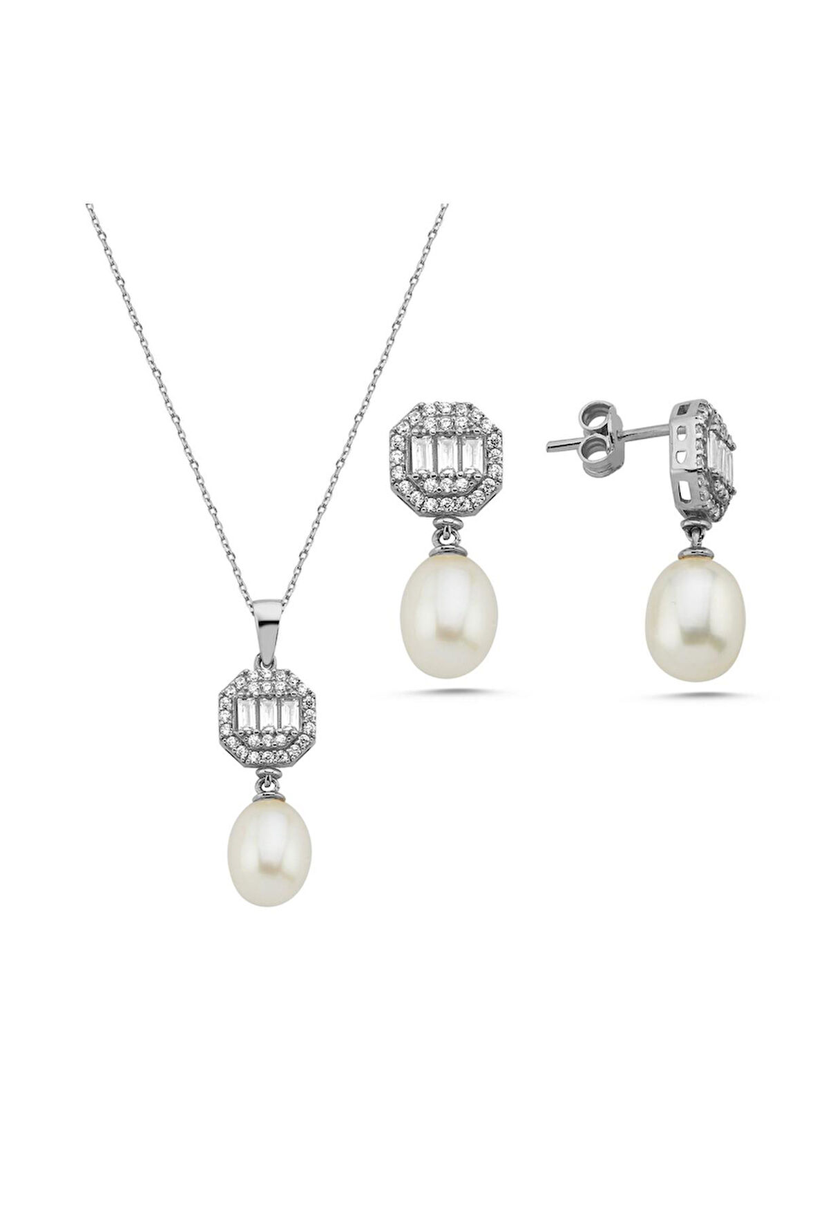 14 Ayar Altın 9 mm Baget Sekizgen Doğal İncili Sallantı Küpe Kolye İkili Set