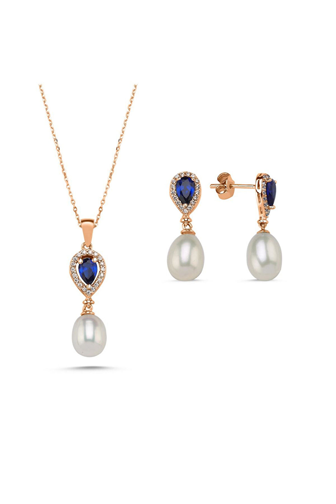 14 Ayar Altın 8 mm Damla Safir Doğal İnci Sallantı Küpe Kolye İkili Set