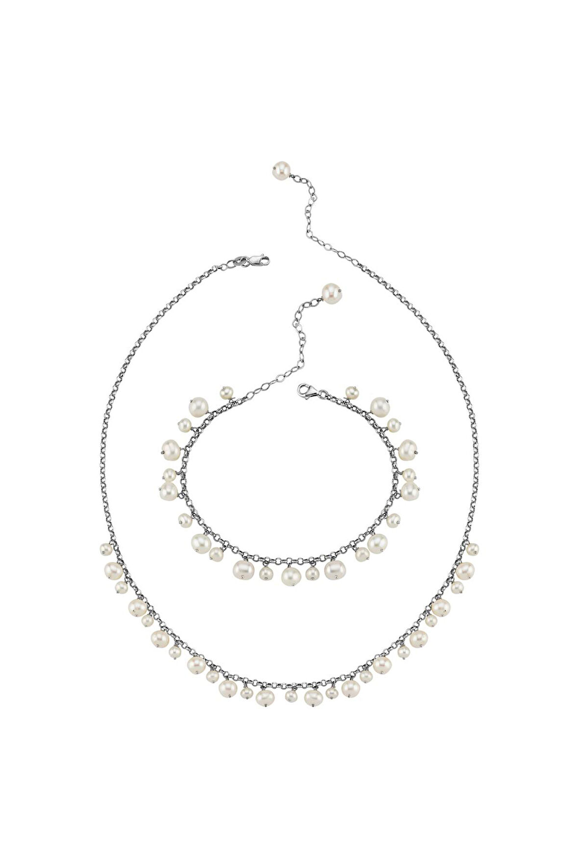 14 Ayar Altın 5 mm Doğal İnci Sallantılı Kolye Bileklik İkili Set