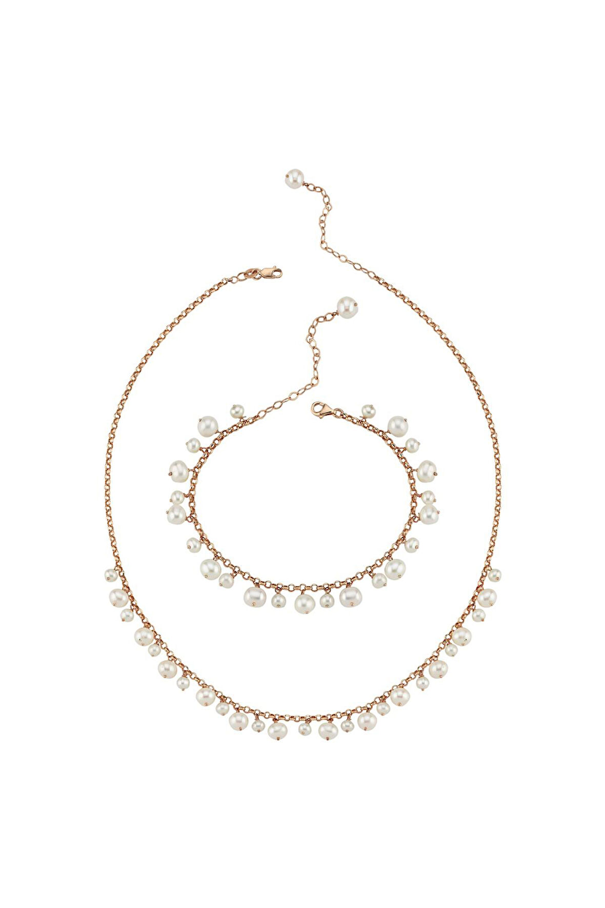 14 Ayar Altın 5 mm Doğal İnci Sallantılı Kolye Bileklik İkili Set