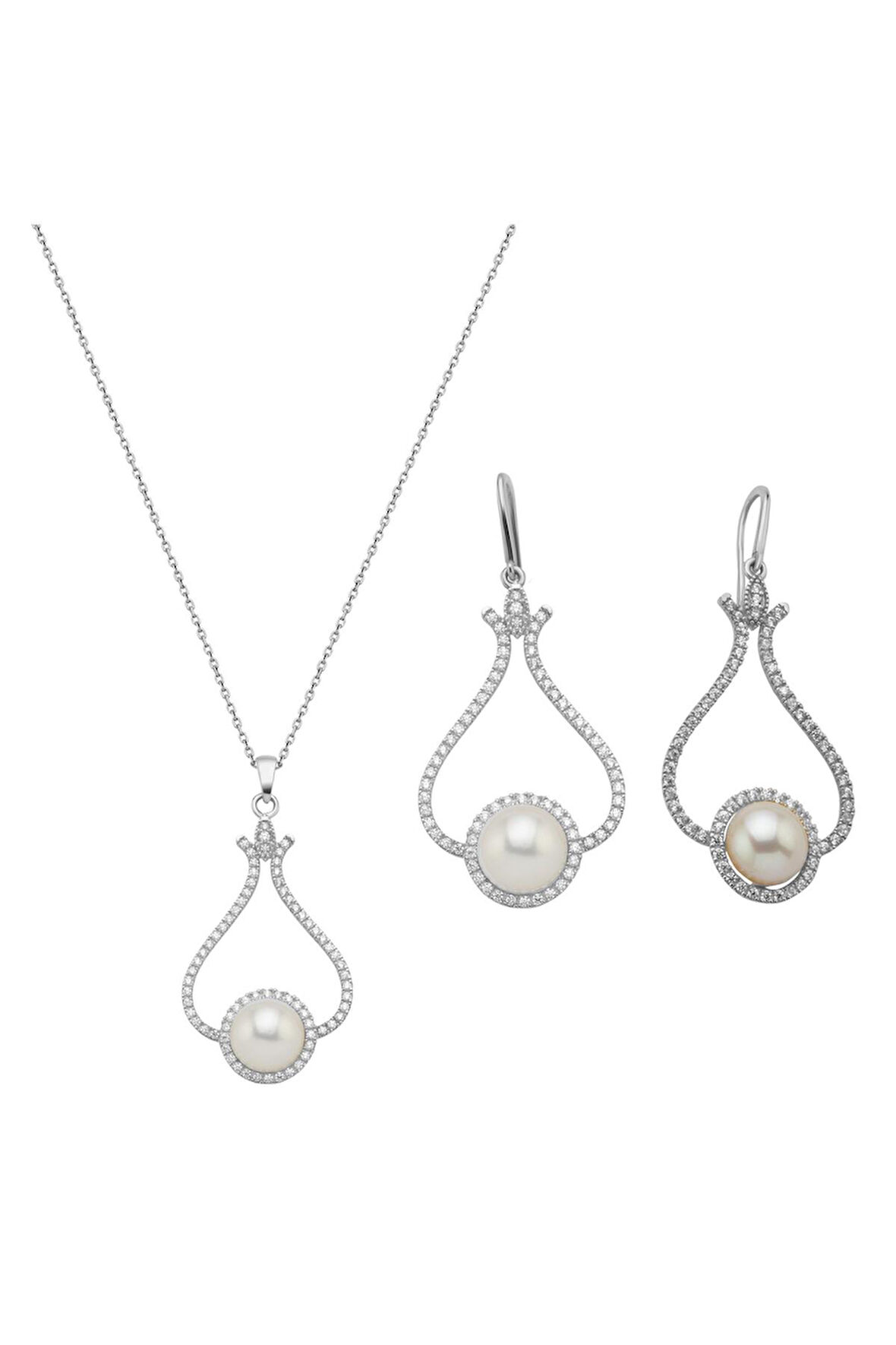 14 Ayar Altın 6 mm Lale Taşlı Doğal İnci Küpe Kolye İkili Set