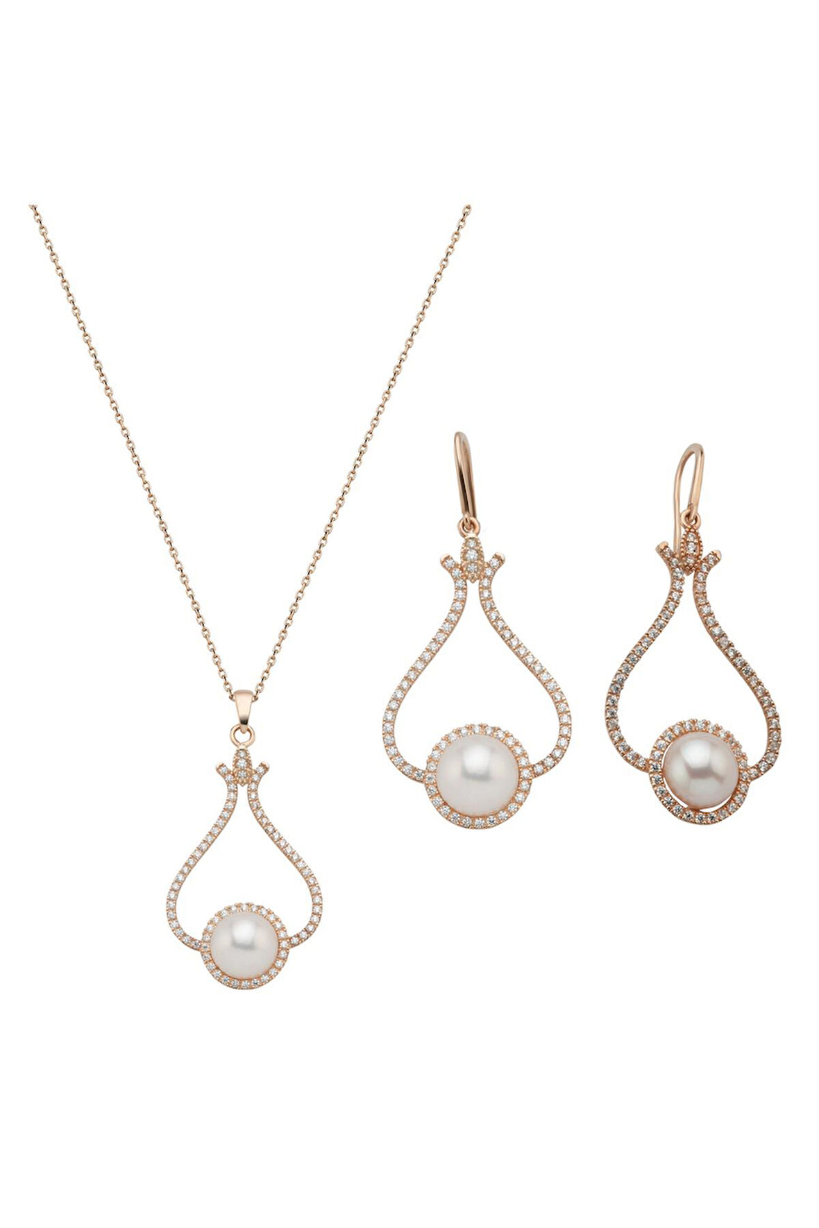 14 Ayar Altın 6 mm Lale Taşlı Doğal İnci Küpe Kolye İkili Set