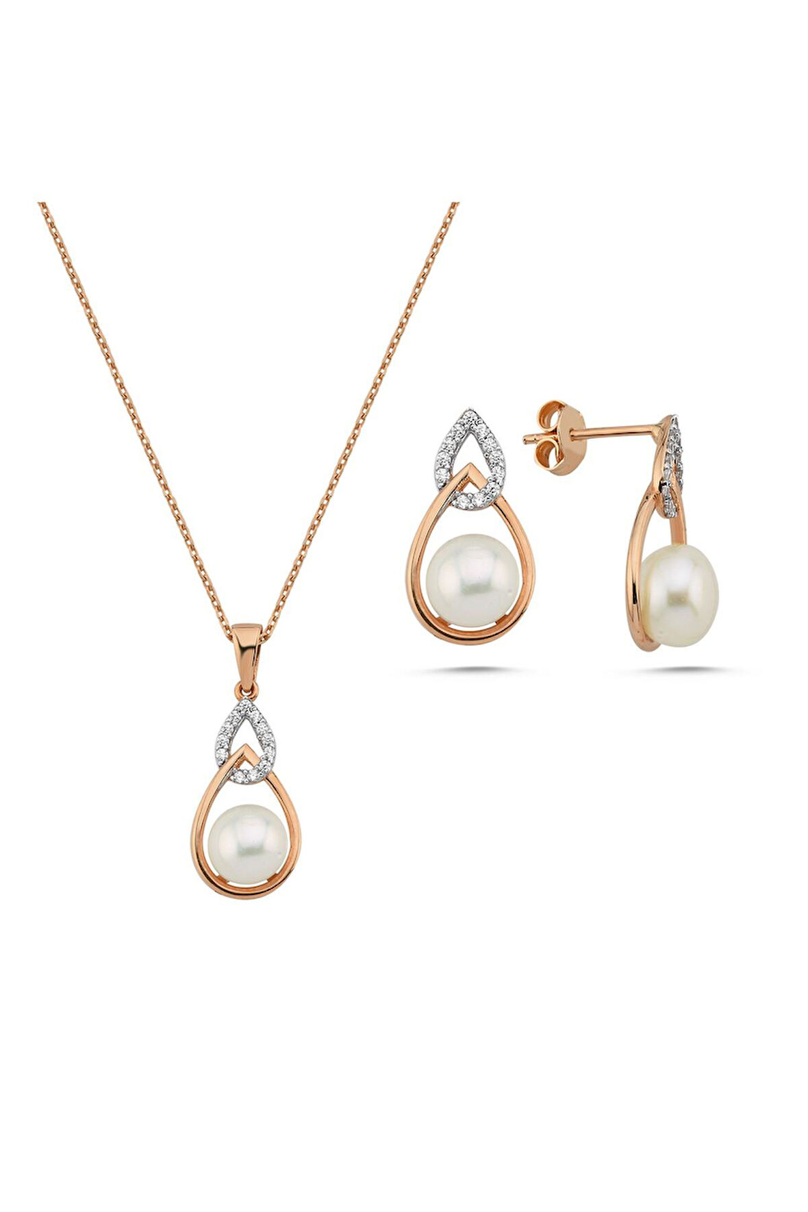 14 Ayar Altın 6 mm Zirkon Taşlı Damla İçinde Doğal İnci Küpe Kolye İkili Set