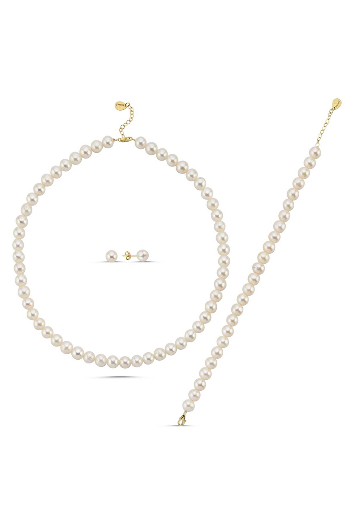 14 Ayar Altın 7 mm Sıralı Doğal İnci Küpe Kolye Bileklik Üçlü Set