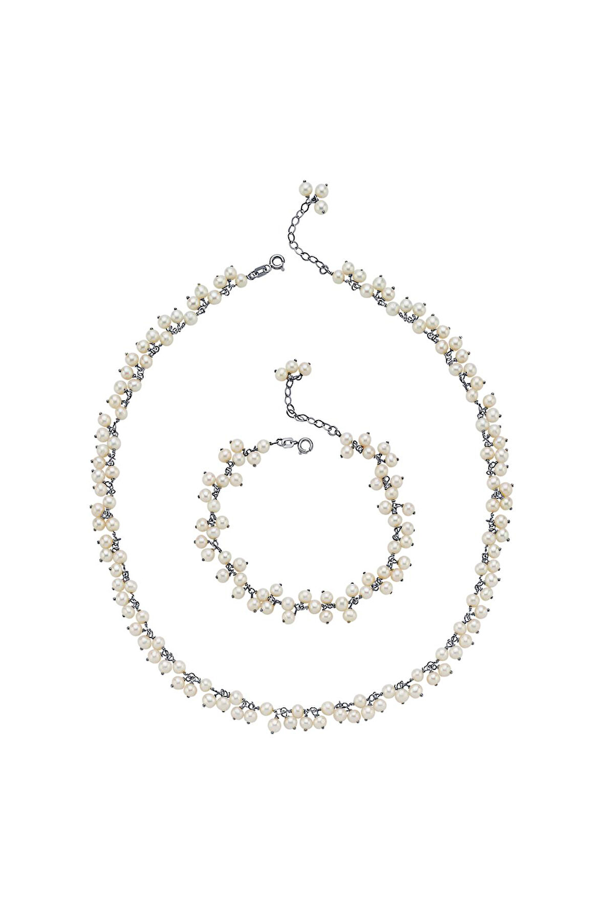 14 Ayar Altın 4 mm Sallantılı Doğal İnci Kolye Bileklik İkili Set