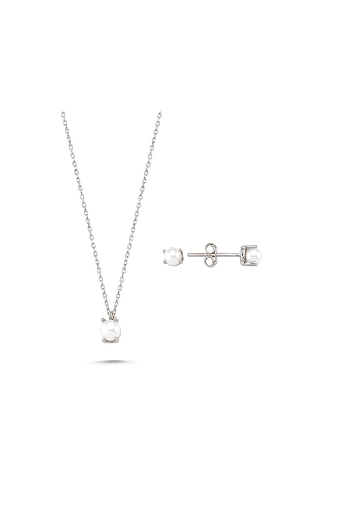 14 Ayar Altın 3 mm İncili Küpe Kolye İkili Set