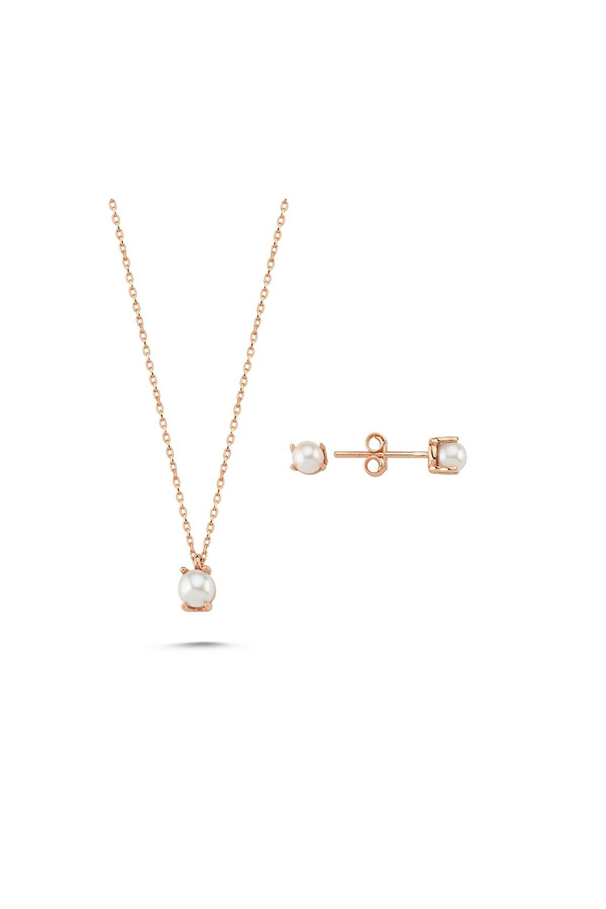 14 Ayar Altın 3 mm İncili Küpe Kolye İkili Set