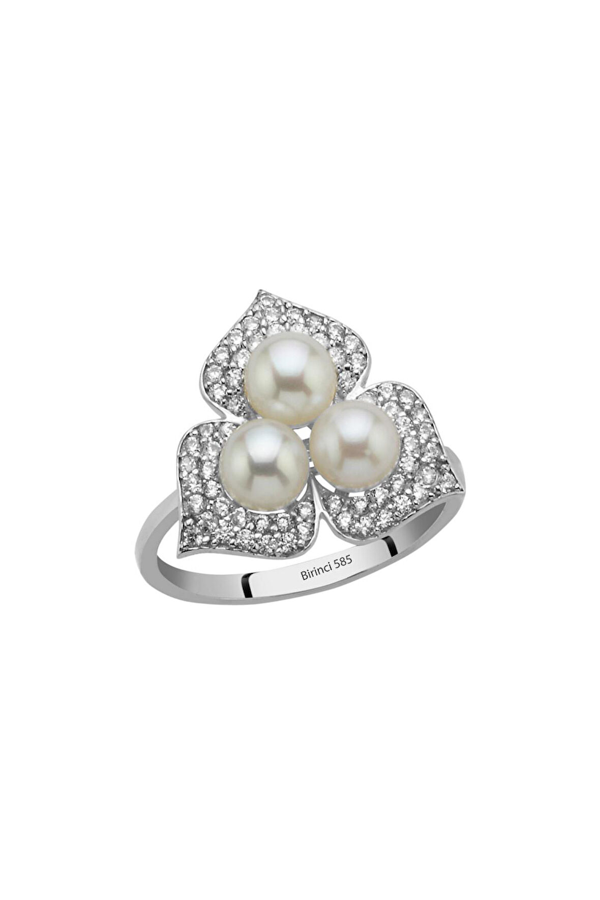 14 Ayar Altın 5 mm Zirkon Taşlı Doğal İnci Yüzük