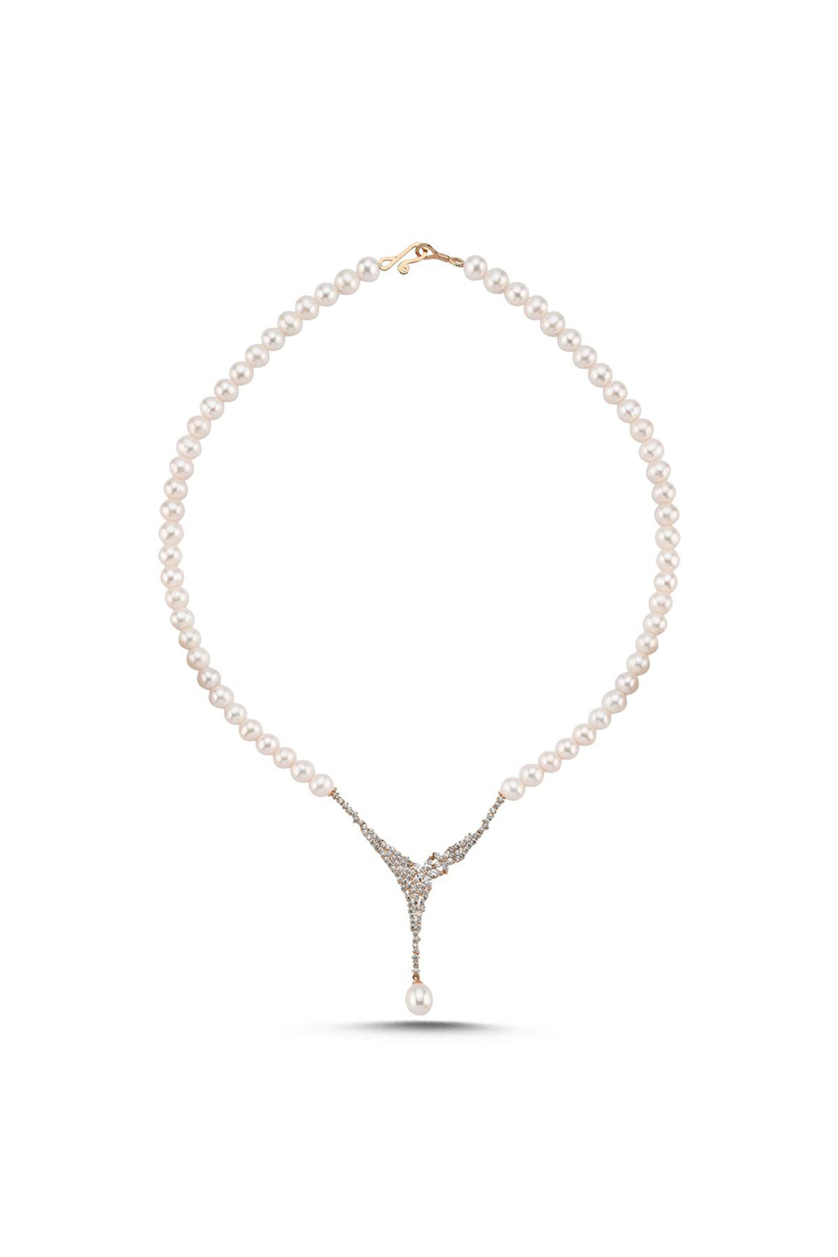 14 Ayar Altın 6 mm Çiçek Detay Zirkon Taşlı Doğal İnci Kolye