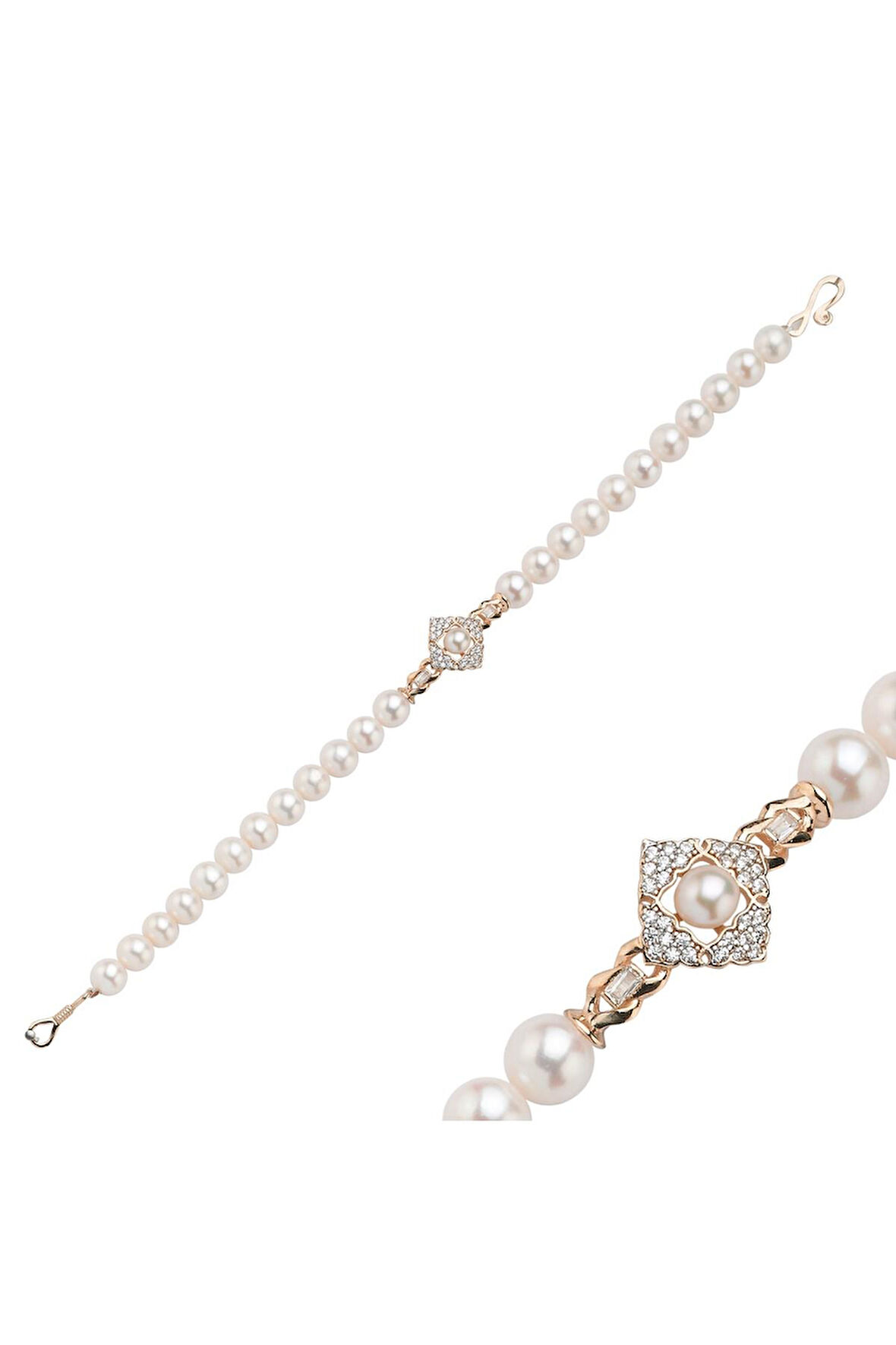 14 Ayar Altın 7 mm Baget Taşlı Doğal İnci Bileklik