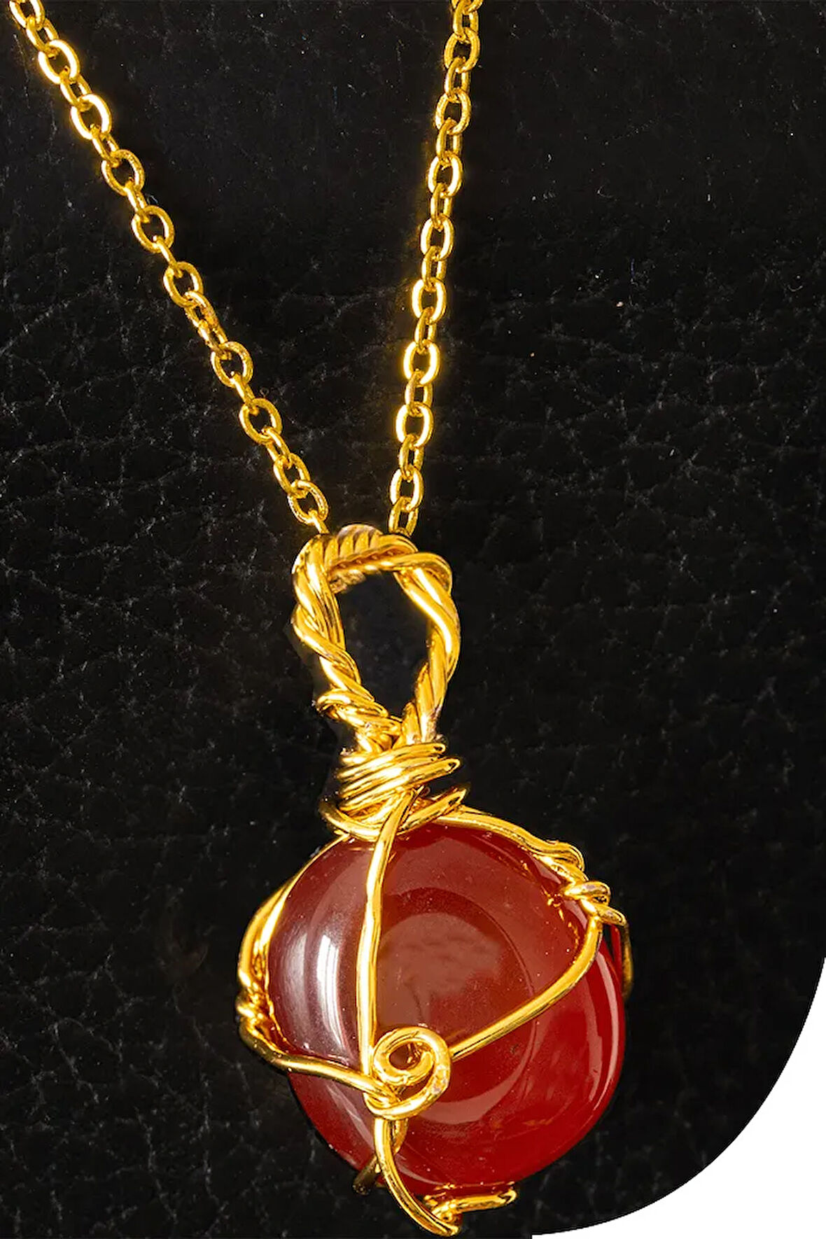 Sertifikalı Gold Tel Sargılı Kızıl Yemen Akik Taşı Kolye