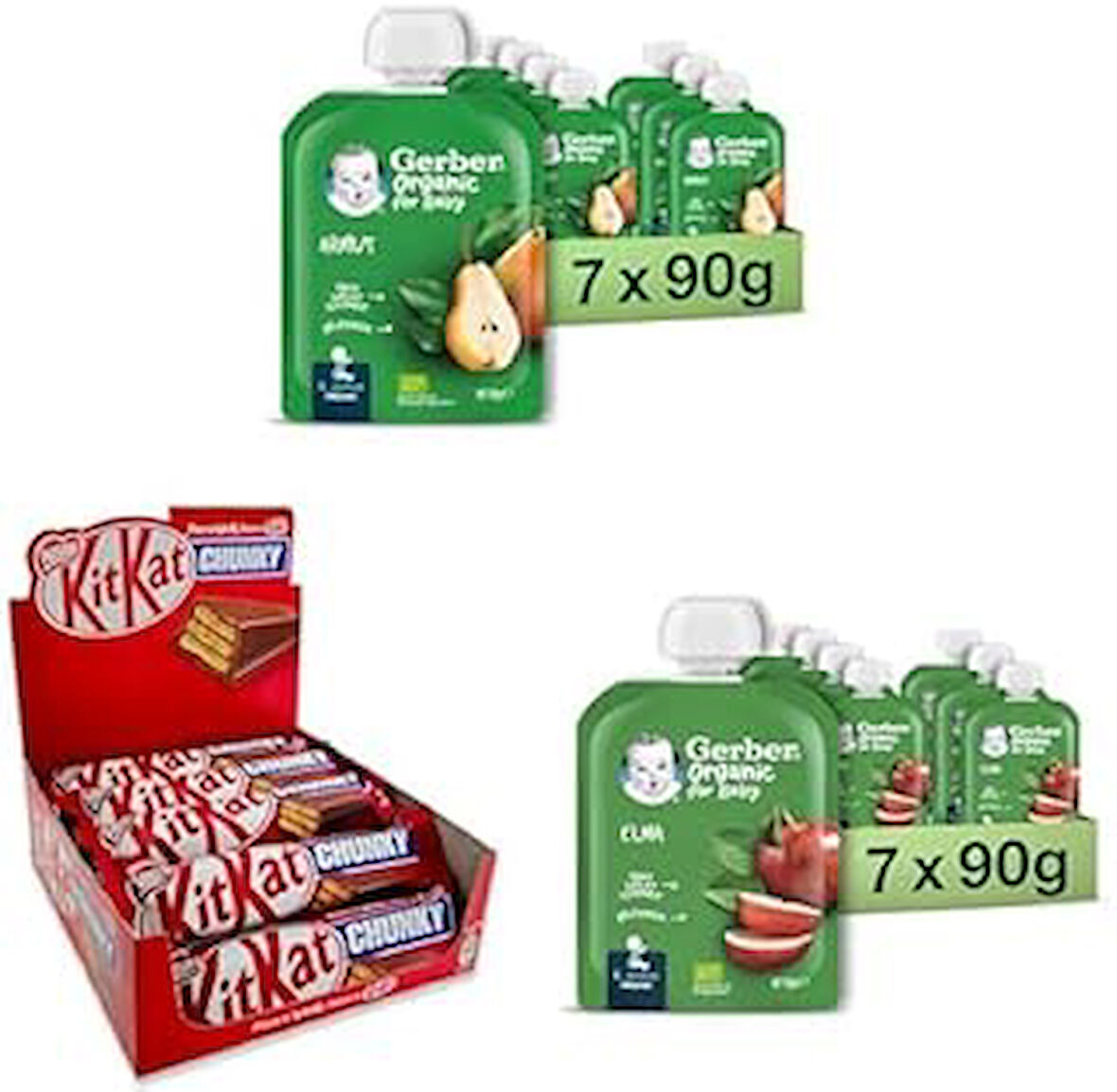 Gerber Organik Armut Püresi 90 g x 7 x 1, KitKat Chunky Bol Sütlü Çikolatalı Gofret 12 x 38 gr x 2, Gerber Organik Püresi 90 g x 7 x 1