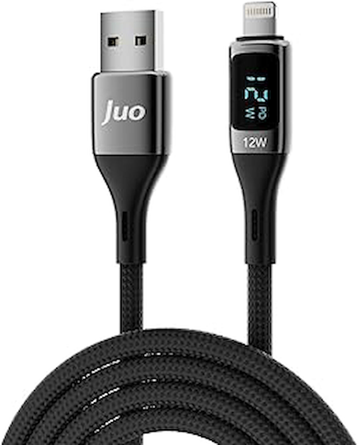Juo 12W Dijital Led Ekranlı USB-A to Lightning iPhone iPad Örgülü Hızlı Şarj ve Data Kablosu 1 Metre