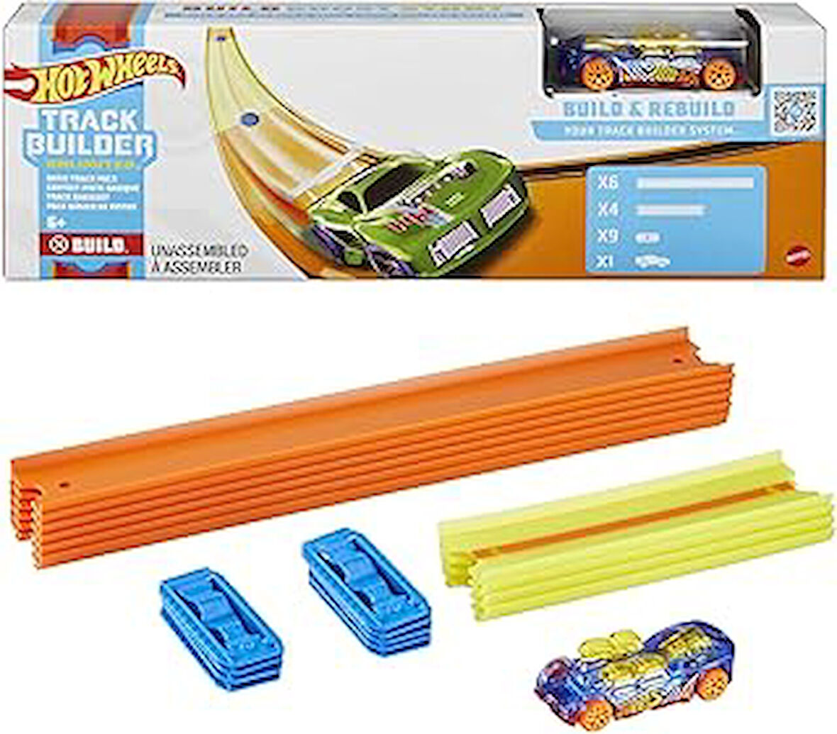 Hot Wheels Track Builder Temel Pist Seti, 10 Adet Pist Parçası, 9 Adet Pist Bağlantı Parçası ve Bir Adet 1:64 Ölçekli Hot Wheels Araba İçeren Eklenebilir Pist Inşasına Başlangıç Seti, 6 Yaş ve Üzeri