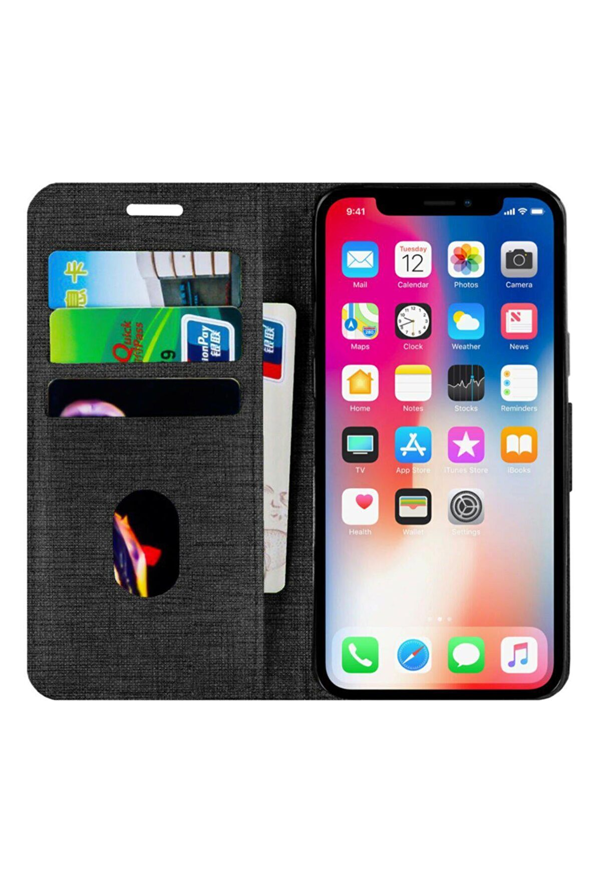 Buway Apple Iphone 13 Pro Max Kartvizitli Cüzdan Kılıf Siyah