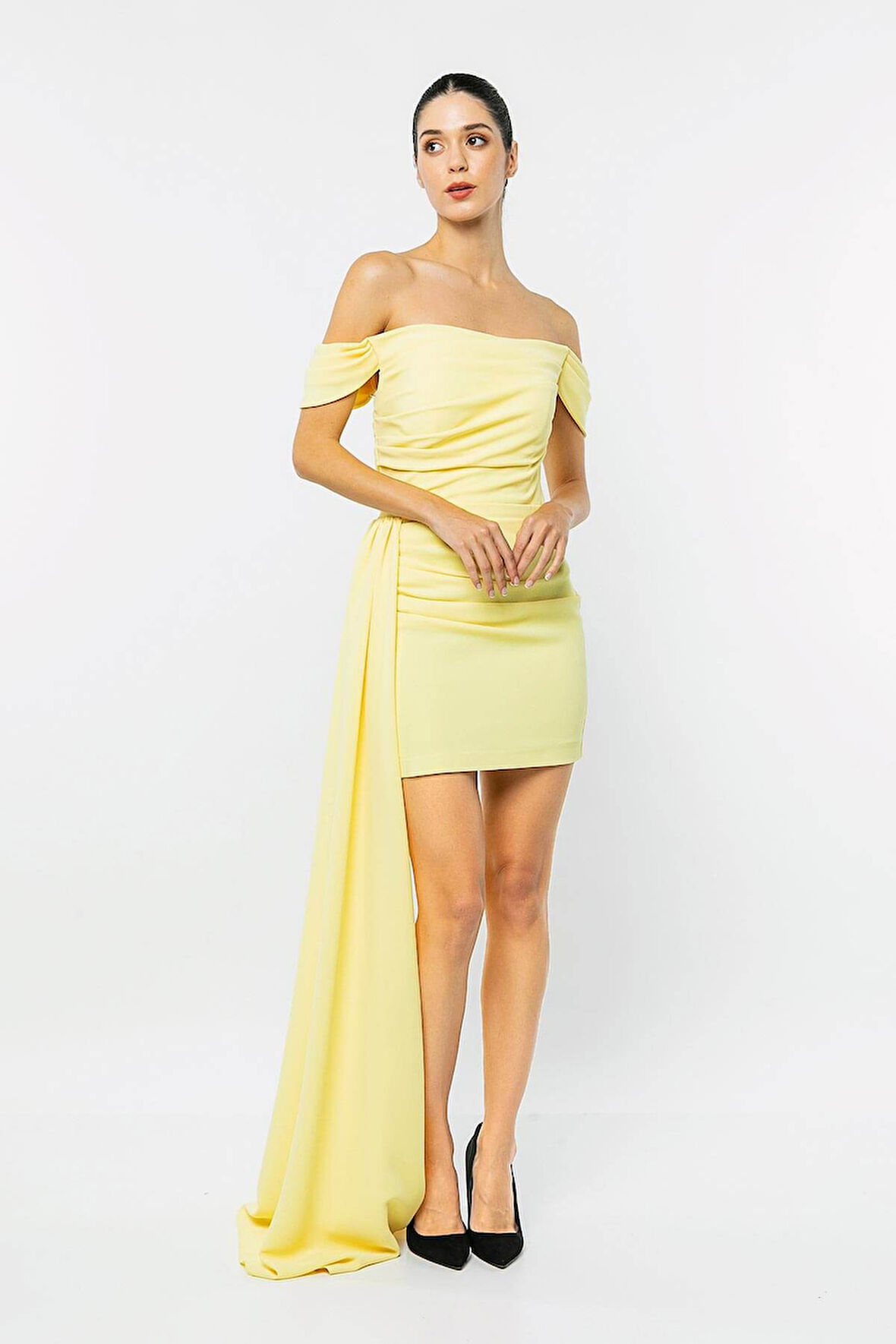Kayık Yaka Kuyruklu Mini Elbise-Sarı-38