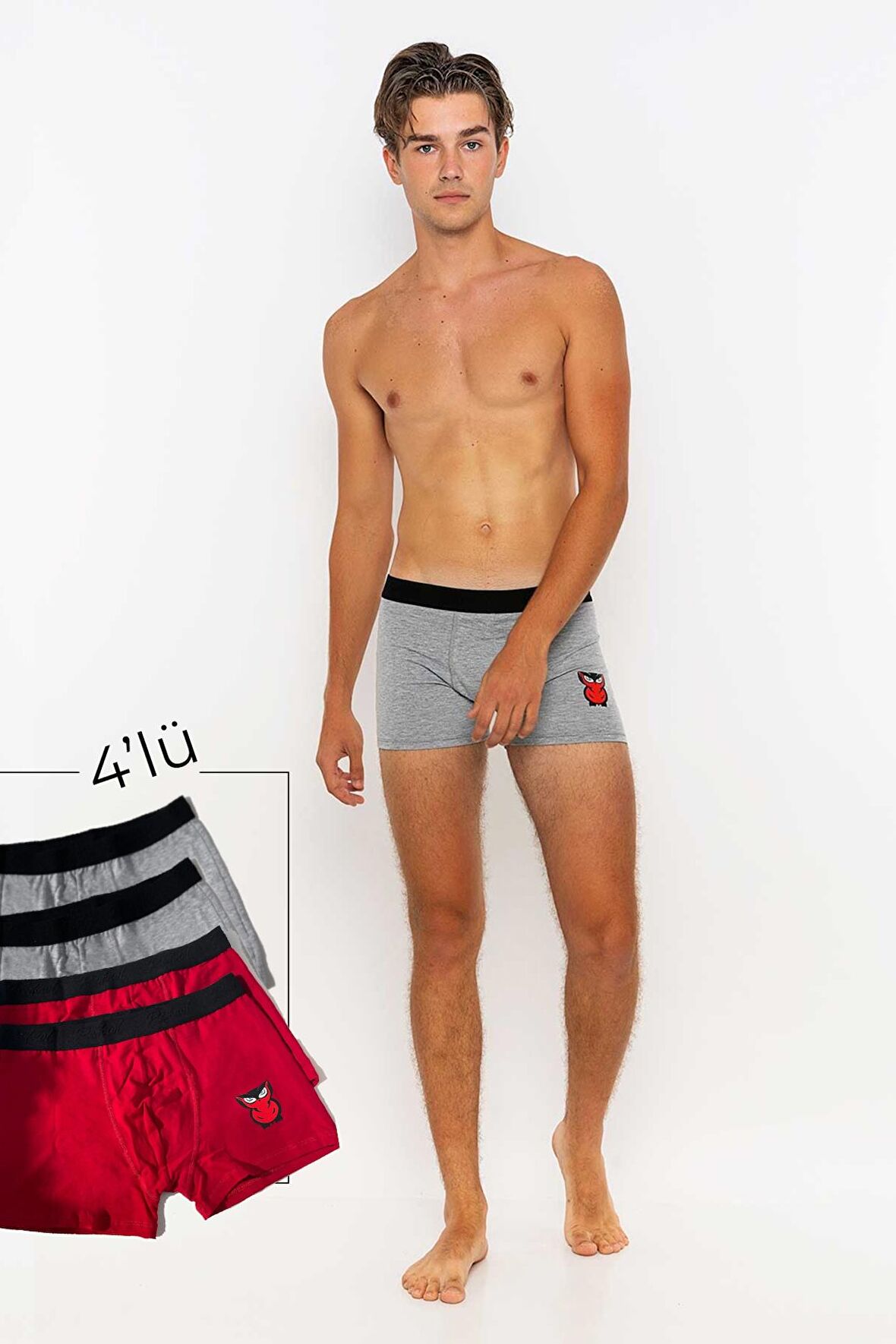 Erkek 4'lü Boxer Avantajlı Paket-Kırmızı - Gri-XL