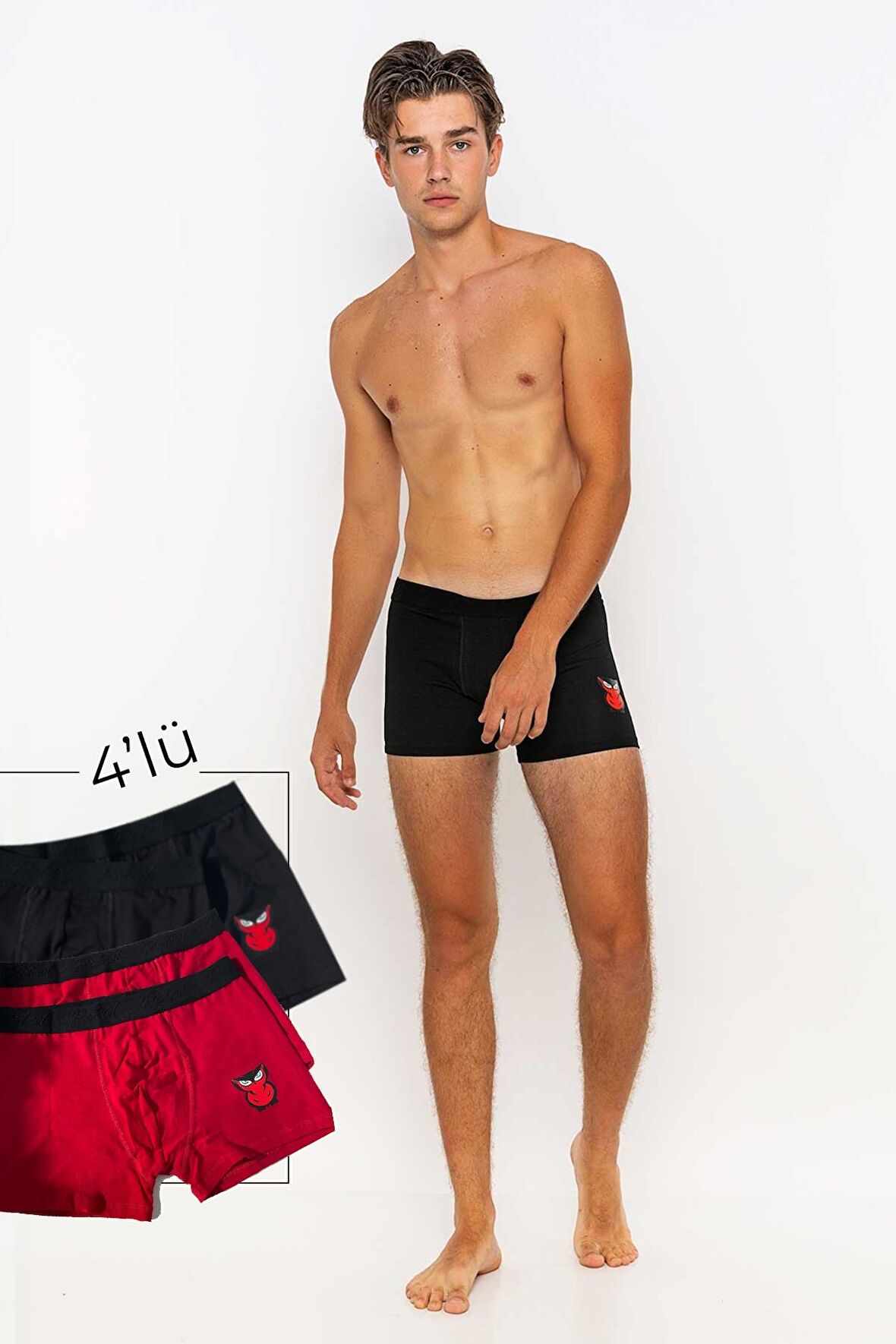 Erkek 4'lü Boxer Avantajlı Paket-Siyah - Kırmızı-L