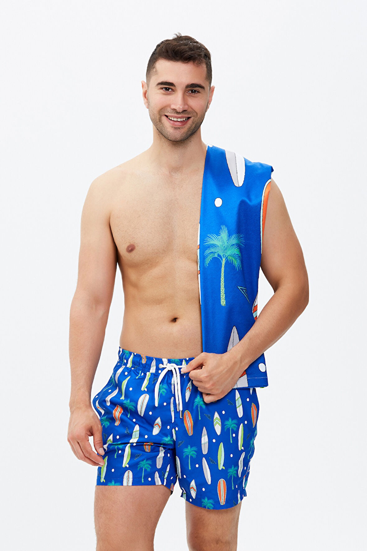 Surfboard Desen Plaj Havlusu & Deniz Şortu İkili Takım-Mavi-L