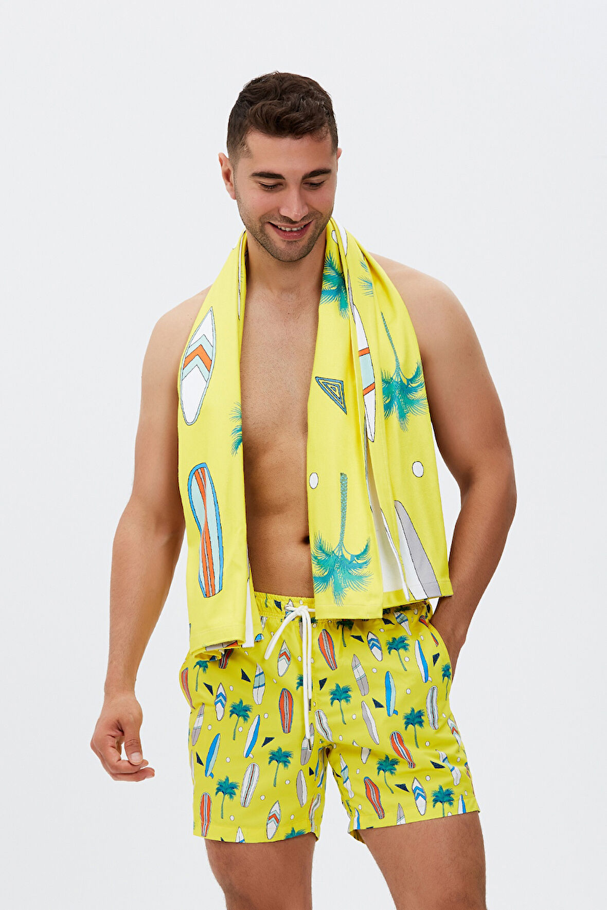 Surfboard Desen Plaj Havlusu & Deniz Şortu İkili Takım-Sarı-S