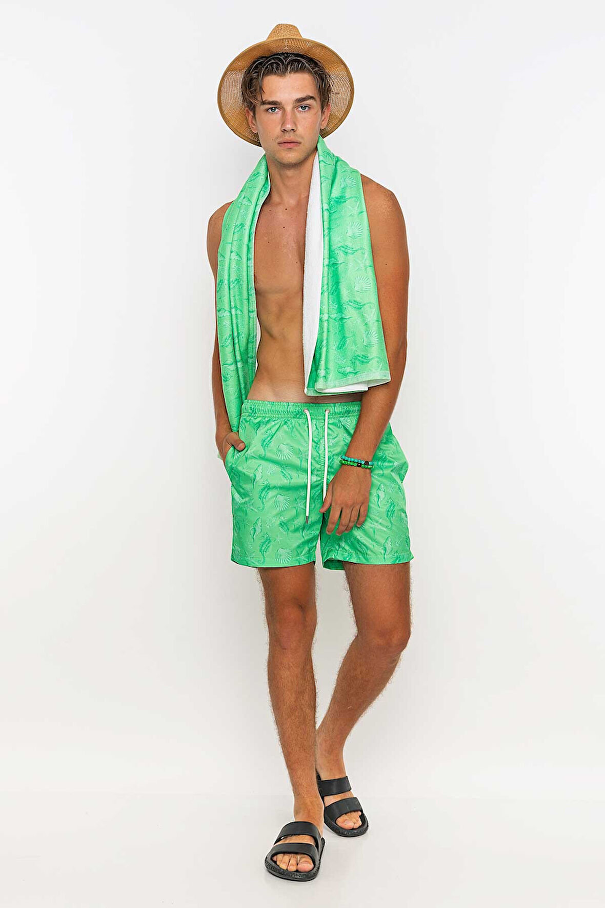 Deniz Atı Desenli Plaj Havlusu & Deniz Şortu İkili Takım-Mint-XXL