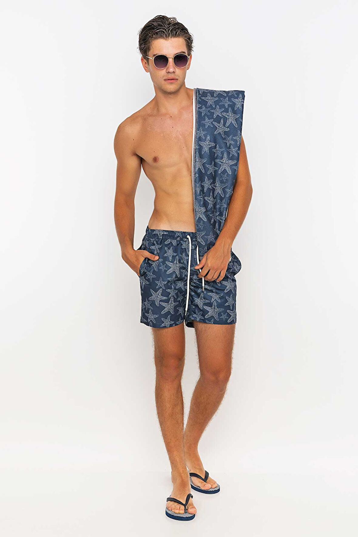 Deniz Yıldızı Desenli Plaj Havlusu & Deniz Şortu İkili Takım-Lacivert-XXL