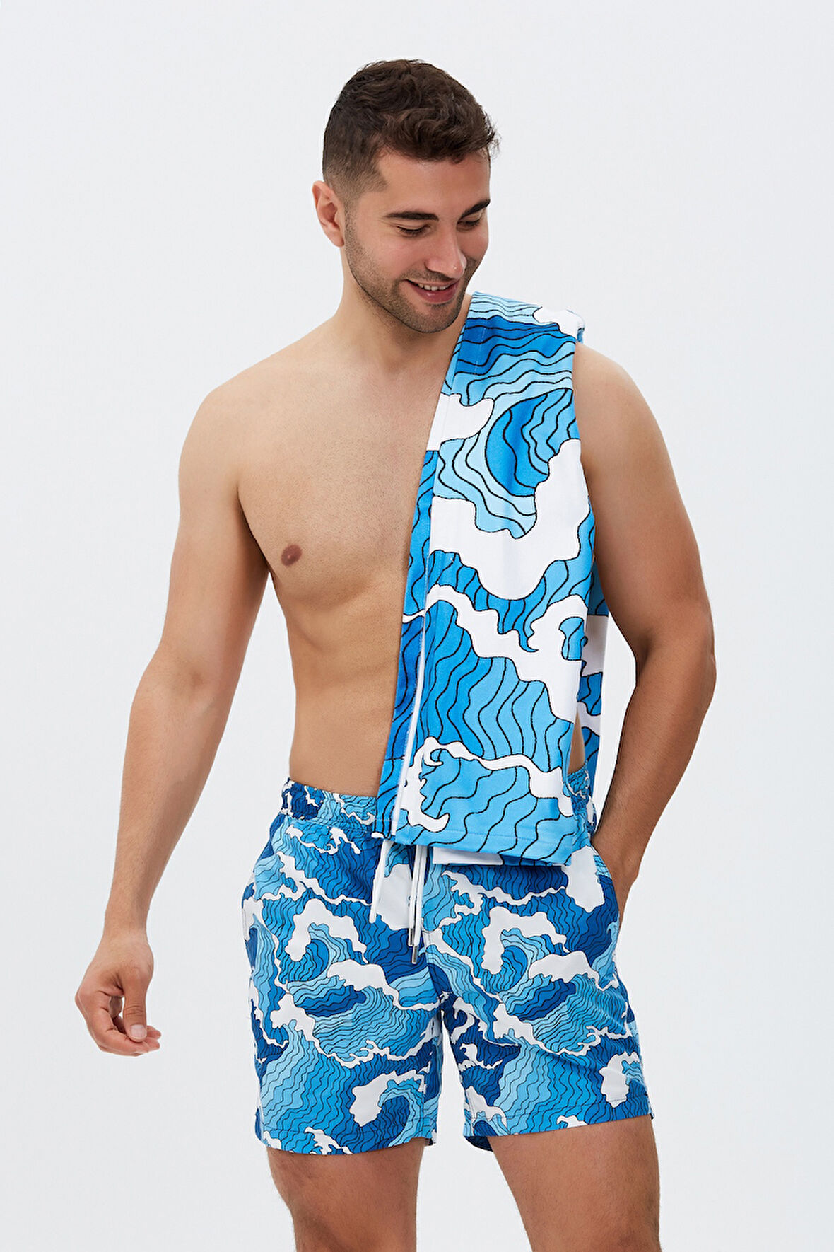 Dalga Desenli Plaj Havlusu & Deniz Şortu İkili Takım-Mavi-L