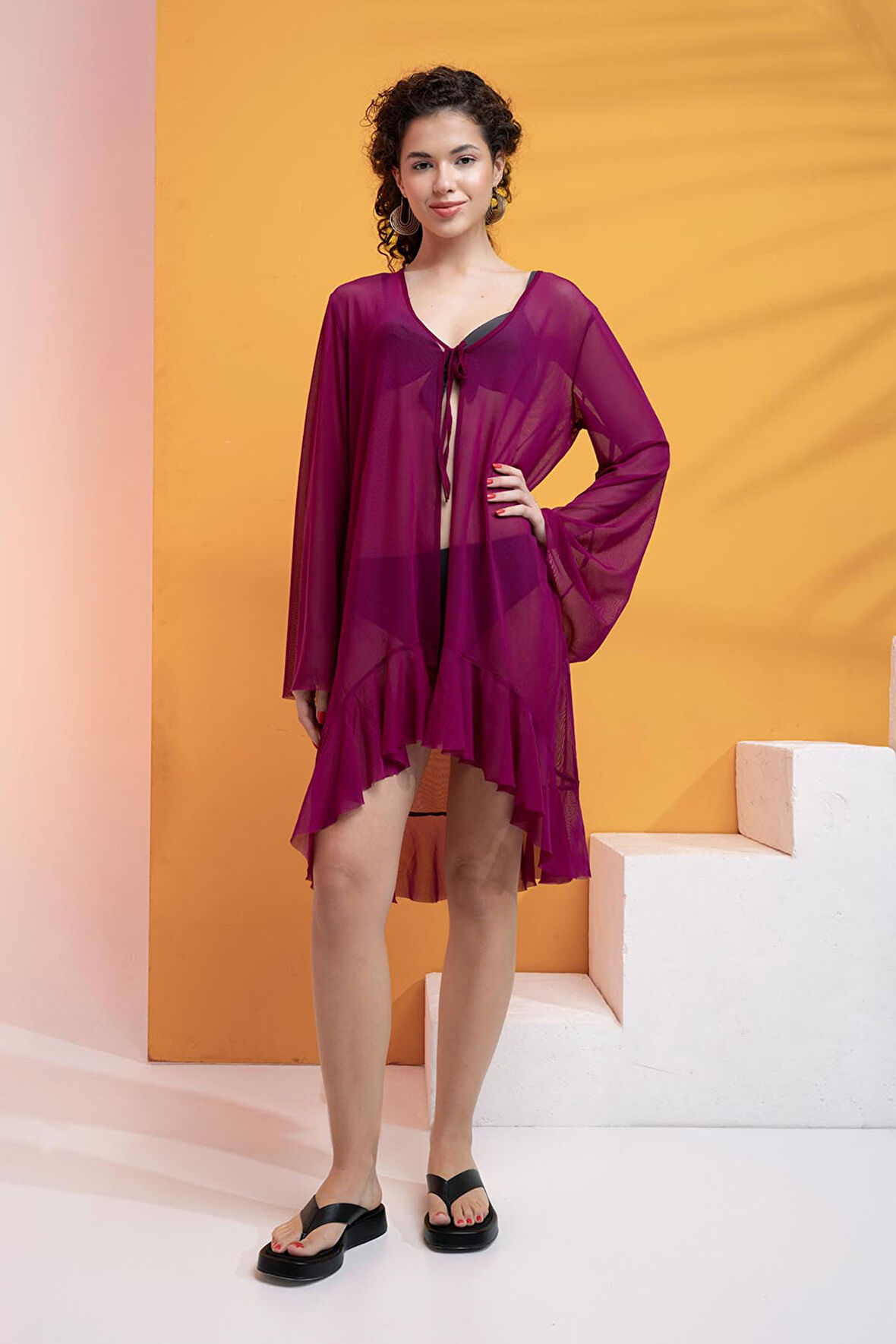Likralı Tülden Volanlı Kimono Kaftan-Mürdüm-M