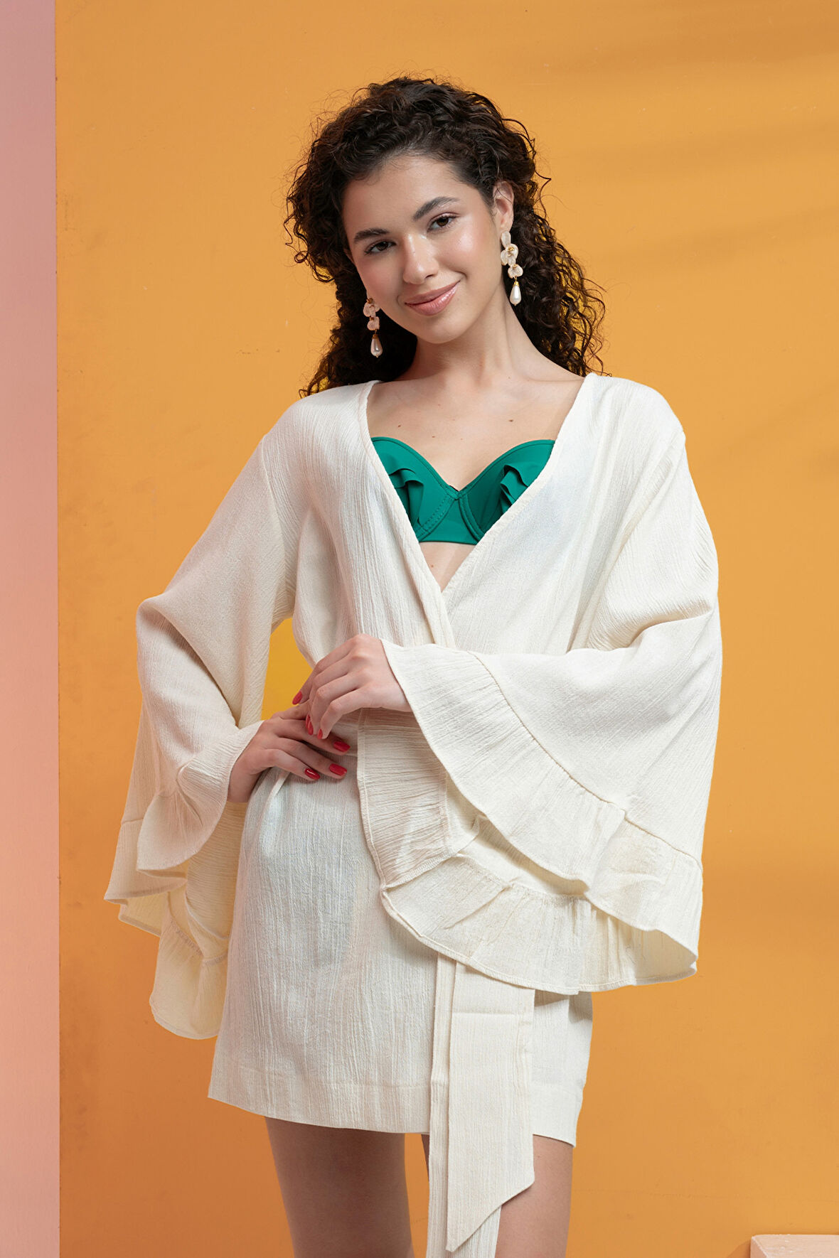 %100 Pamuk Volanlı Kuşaklı Kimono-Ekru-S