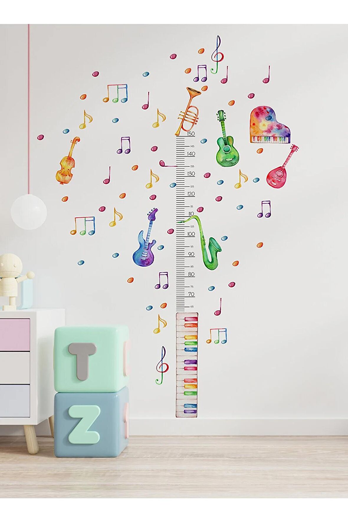 Renkli Notalar Piyano Müzik Temalı Boy Ölçer Çocuk Duvar Ayna Dolap Kapı için Sticker