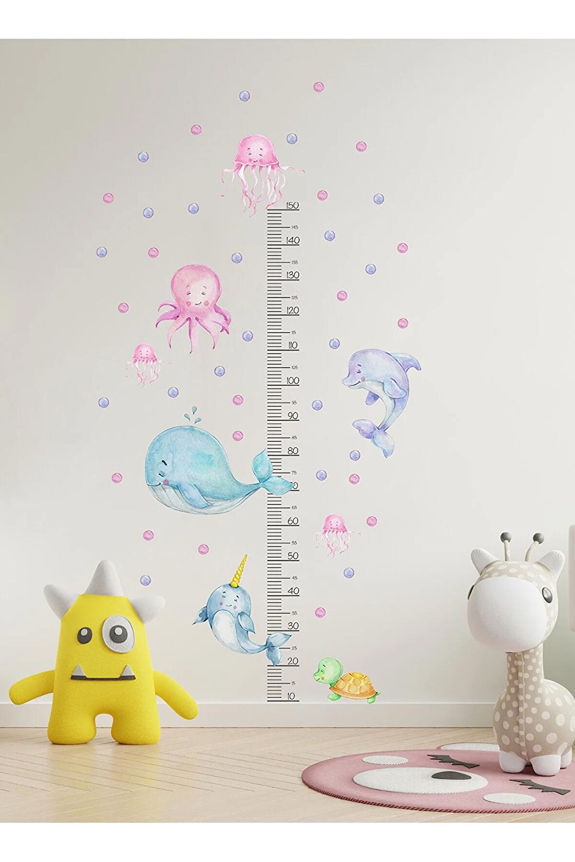 Ahtapot Balina Yunus Kaplumbağa Temalı Boy Ölçer Çocuk Duvar Ayna Dolap Kapı için Sticker