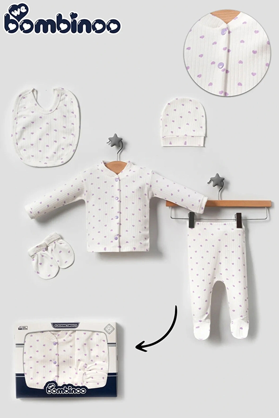 Organik 5 Parça Yeni Doğan Zıbın Set Hastane Cıkışı Fitilli Ekru Kumaşa Kutulu Casual/