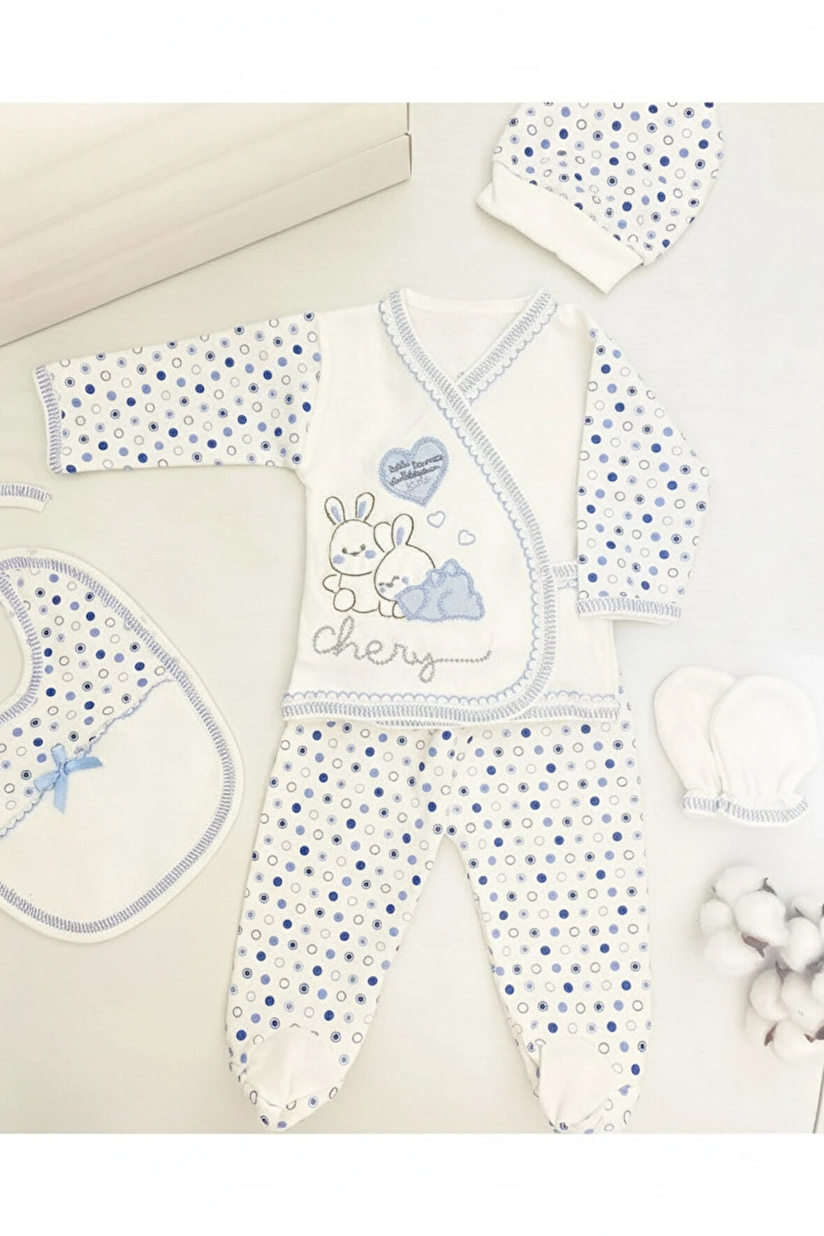 Tavşan Nakışlı Desenli Pamuklu Yenidoğan 5'li Hastane Çıkışı Zıbın Seti