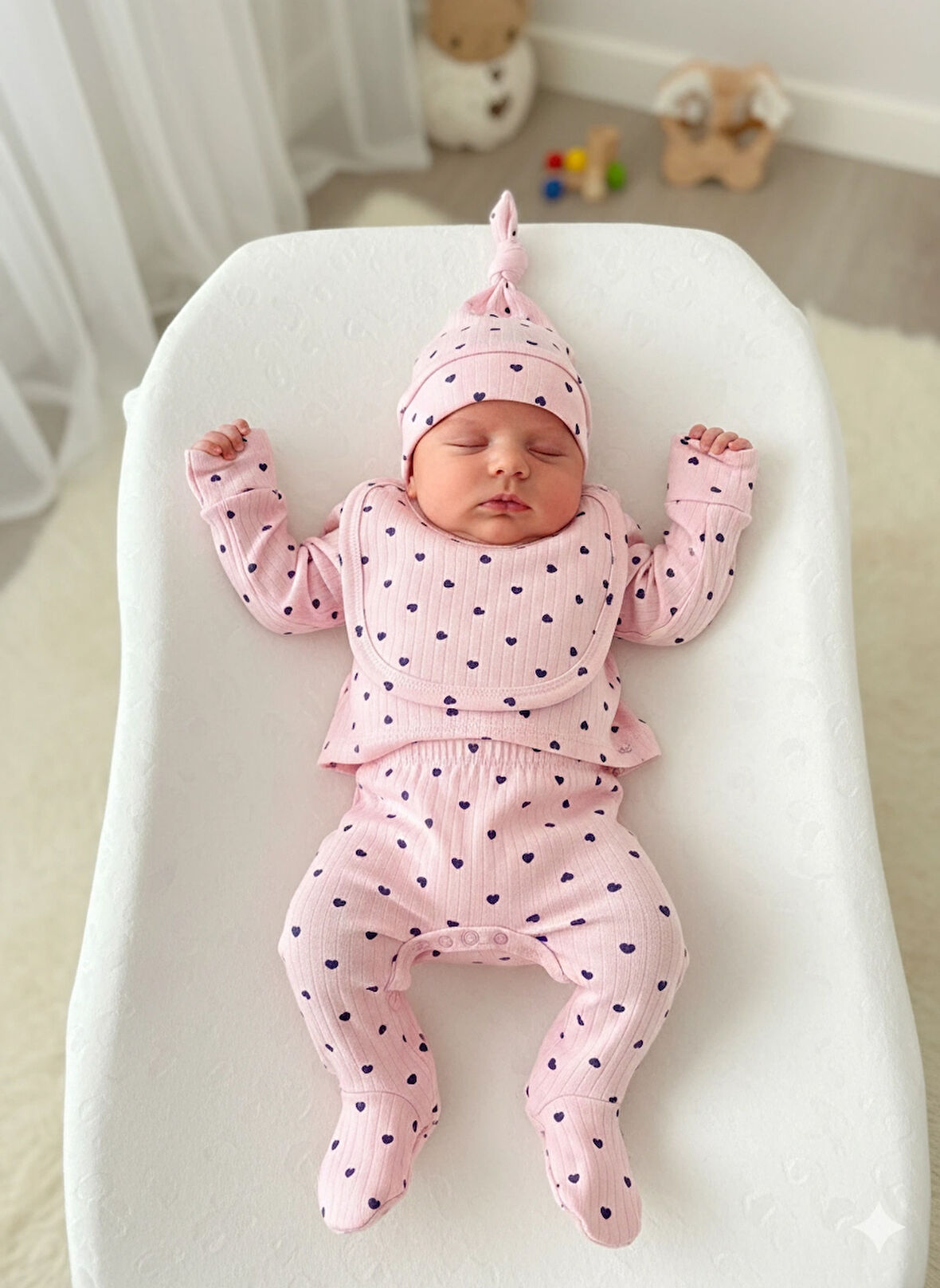 Pembe Desenli Nakışlı Kız Bebek 5'li Hastane Çıkışı Seti - %100 Pamuk Yenidoğan Zıbın Takımı