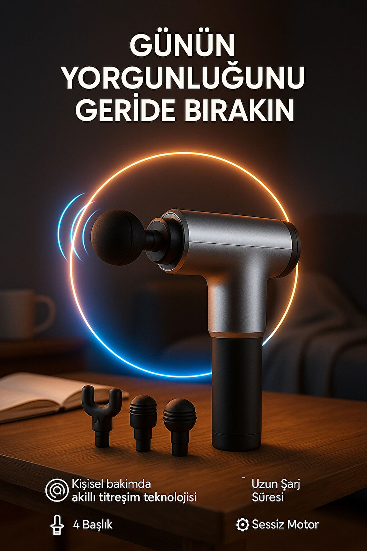 Akıllı Titreşim Teknolojili Masaj Tabancası – 4 Başlıklı Sessiz Motorlu Kas Gerginliği Giderici