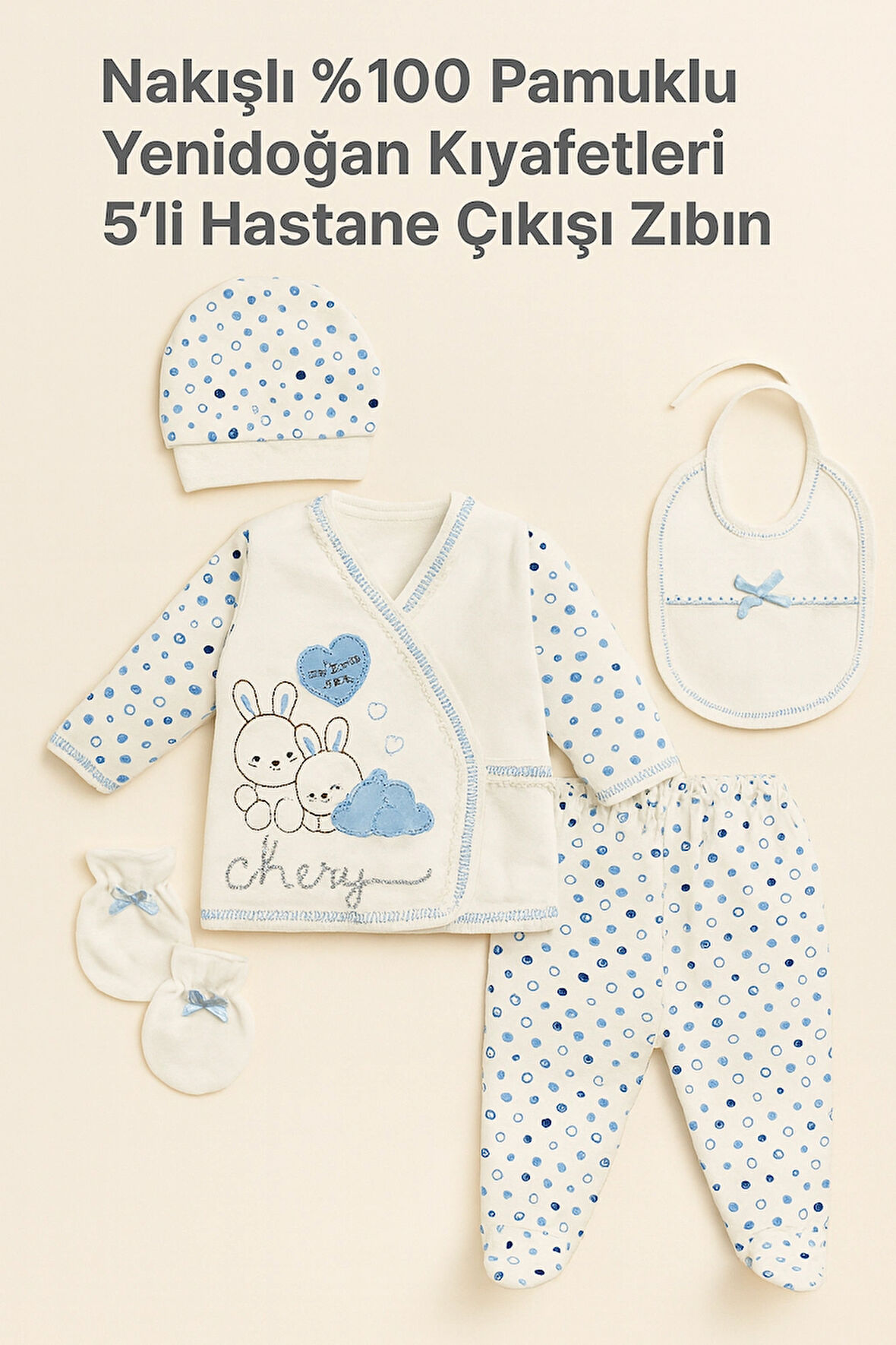 Nakışlı %100 Pamuk 5’li Yenidoğan Hastane Çıkışı Zıbın Seti | Tavşan Desenli Organik Bebek Kıyafetleri