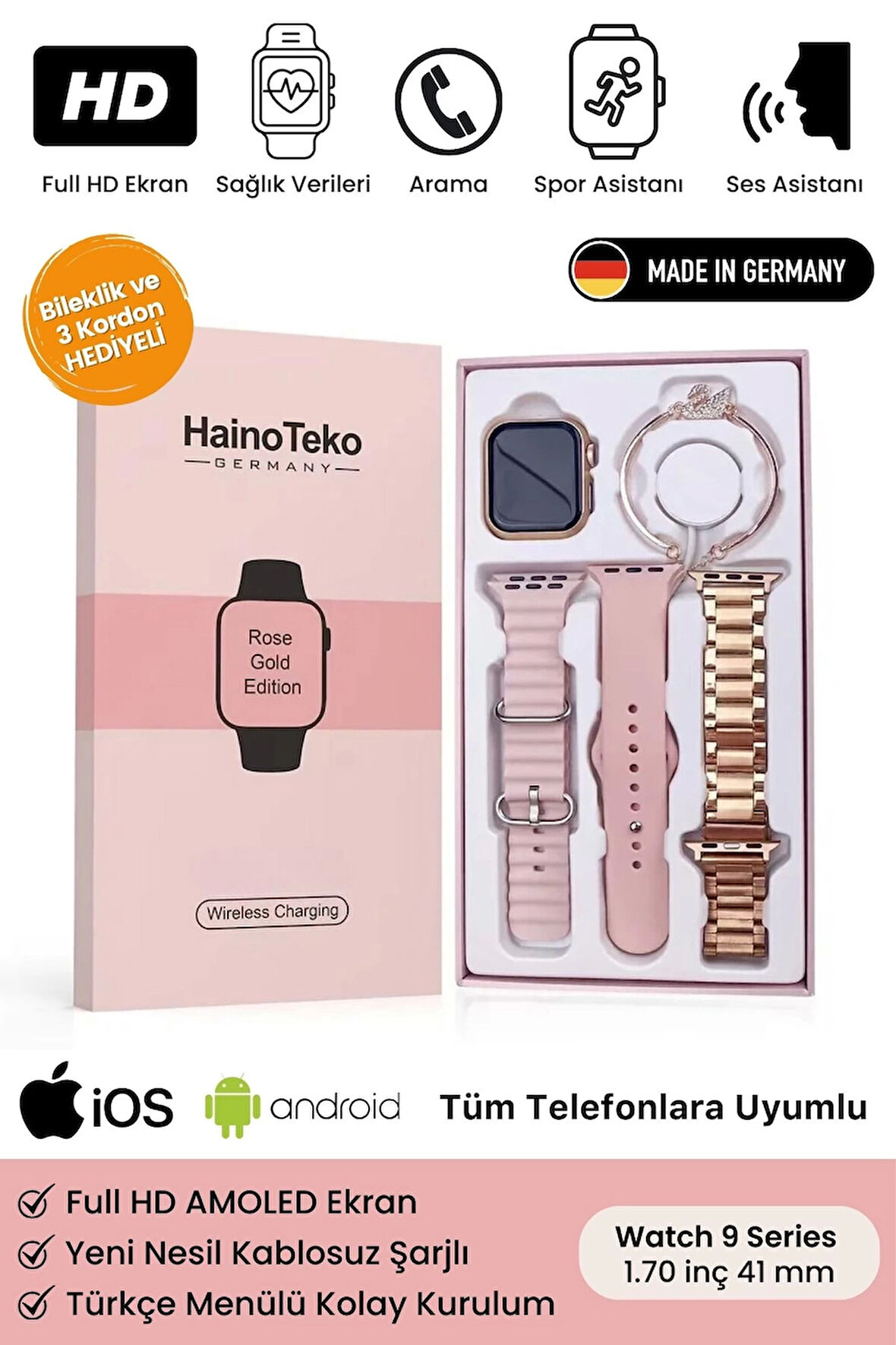 Yeni Nesil 3 Kordonlu Kadın Akıllı Saat Spor Ve Sağlık Sensörlü Watch 9 Series Tasarım Saat Pembe