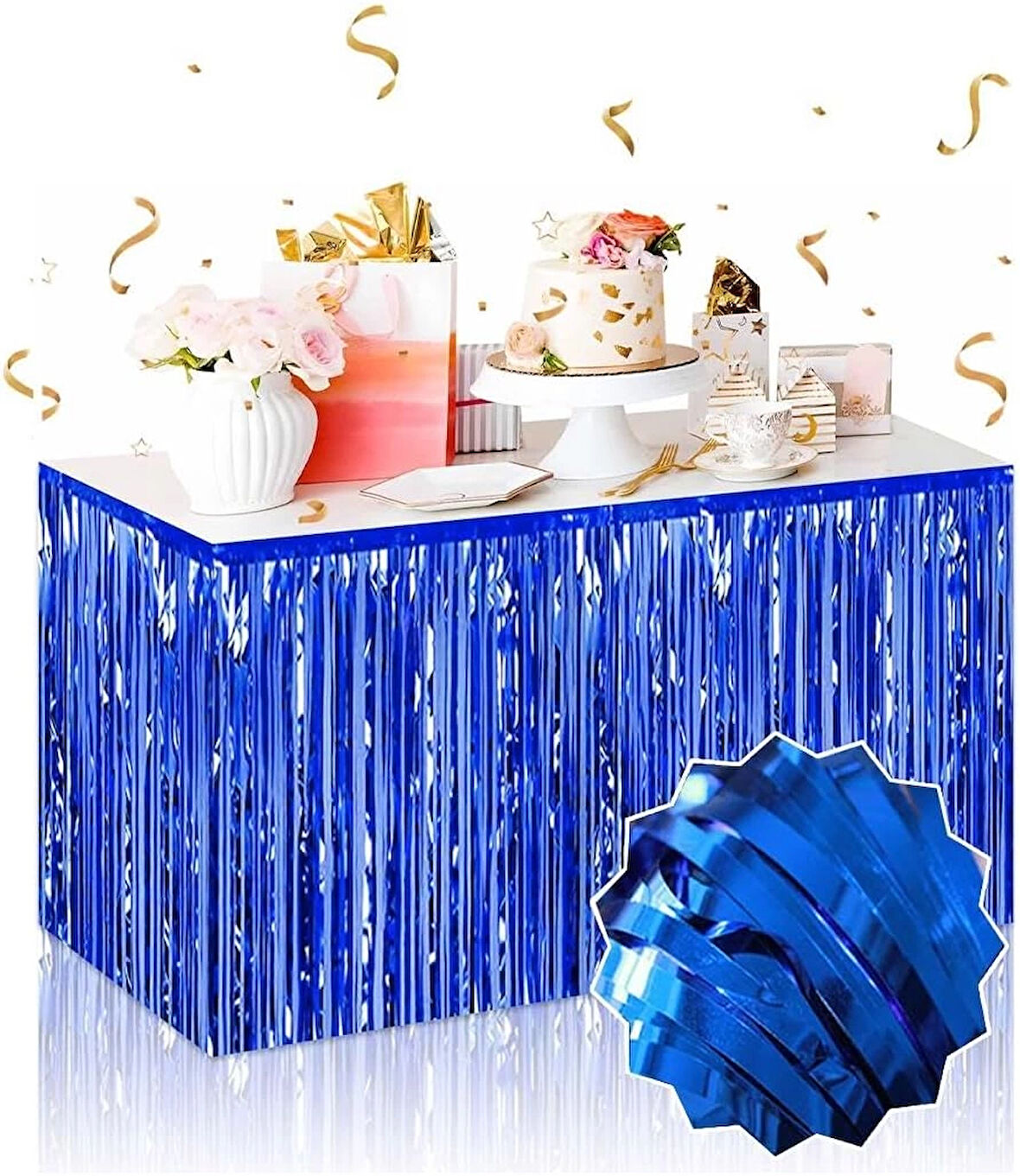 Kendinden Yapışkanlı Mavi Metalize Püsküllü Masa Eteği