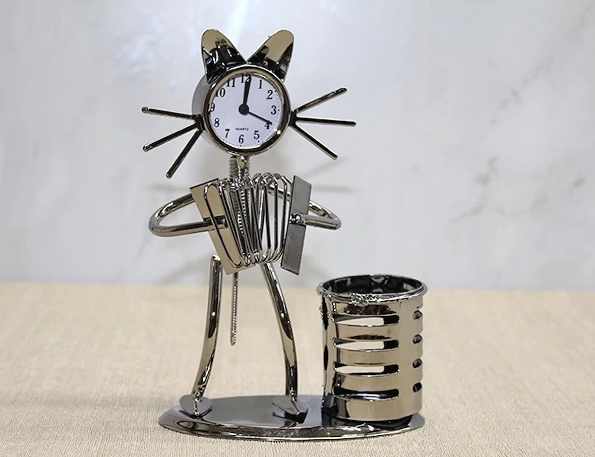 Metal Akordiyon Çalan Kedi Müzisyen Saat Ve Kalemlik Alk4344