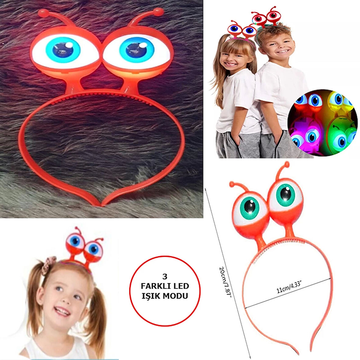 Led Işıklı &amp; Pilli 3 Farklı Modda Yanan Uzaylı Göz Parti Tacı Kırmızı Renk 18x12 cm