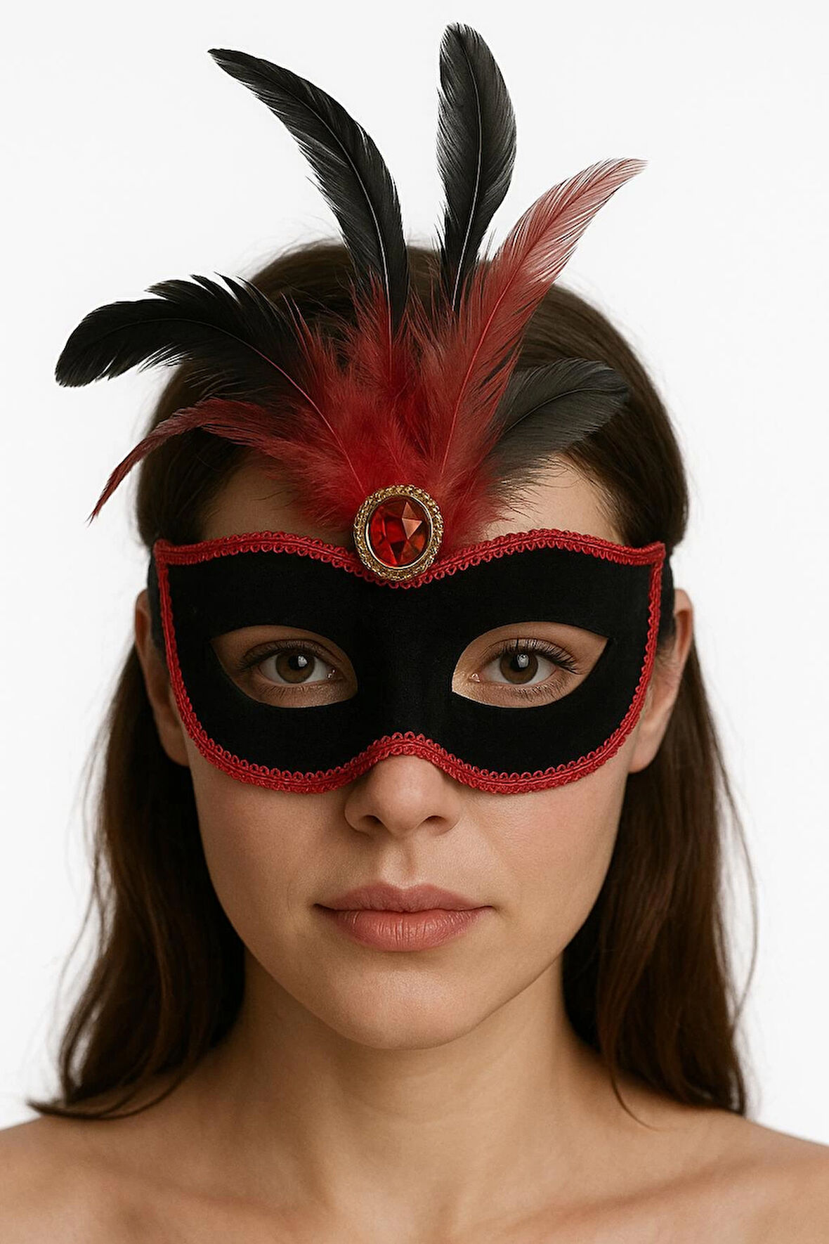 Kırmızı Dantelli Siyah Kırmızı Tüylü Siyah Süet Kaplama Parti Maskesi 17x25 cm