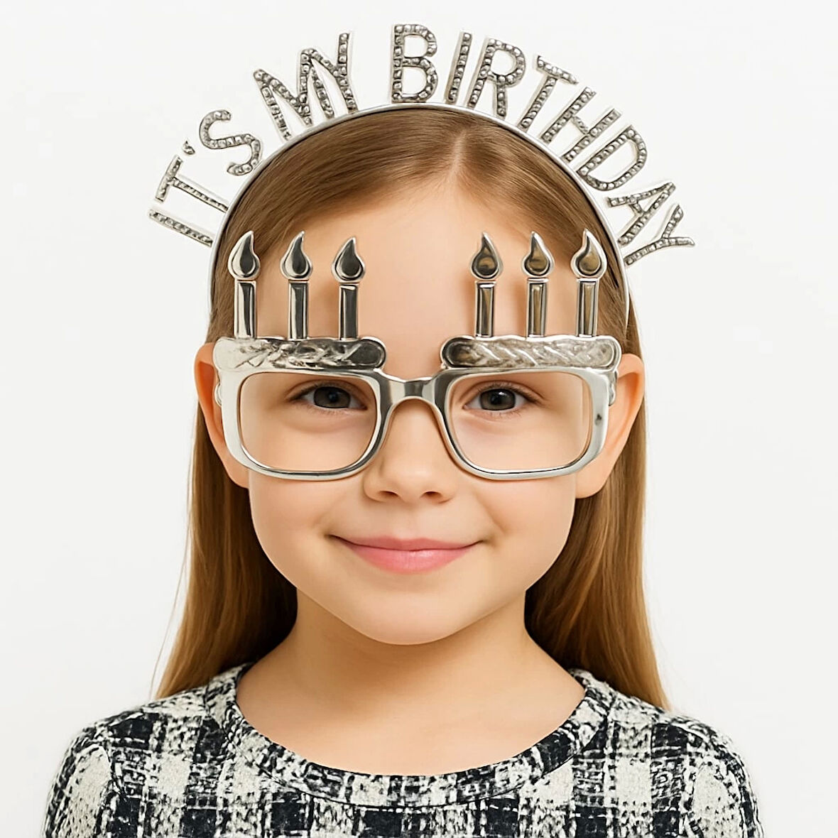 İt&amp;#39;s My Birthday Yazılı Taç ve Mum Şekilli Gözlük Seti Gümüş Renk