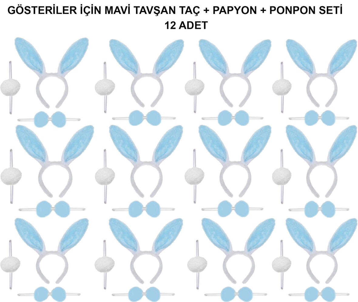 Mavi Tavşan Kostüm Seti – Taç, Papyon, Ponpon (12’li Paket)